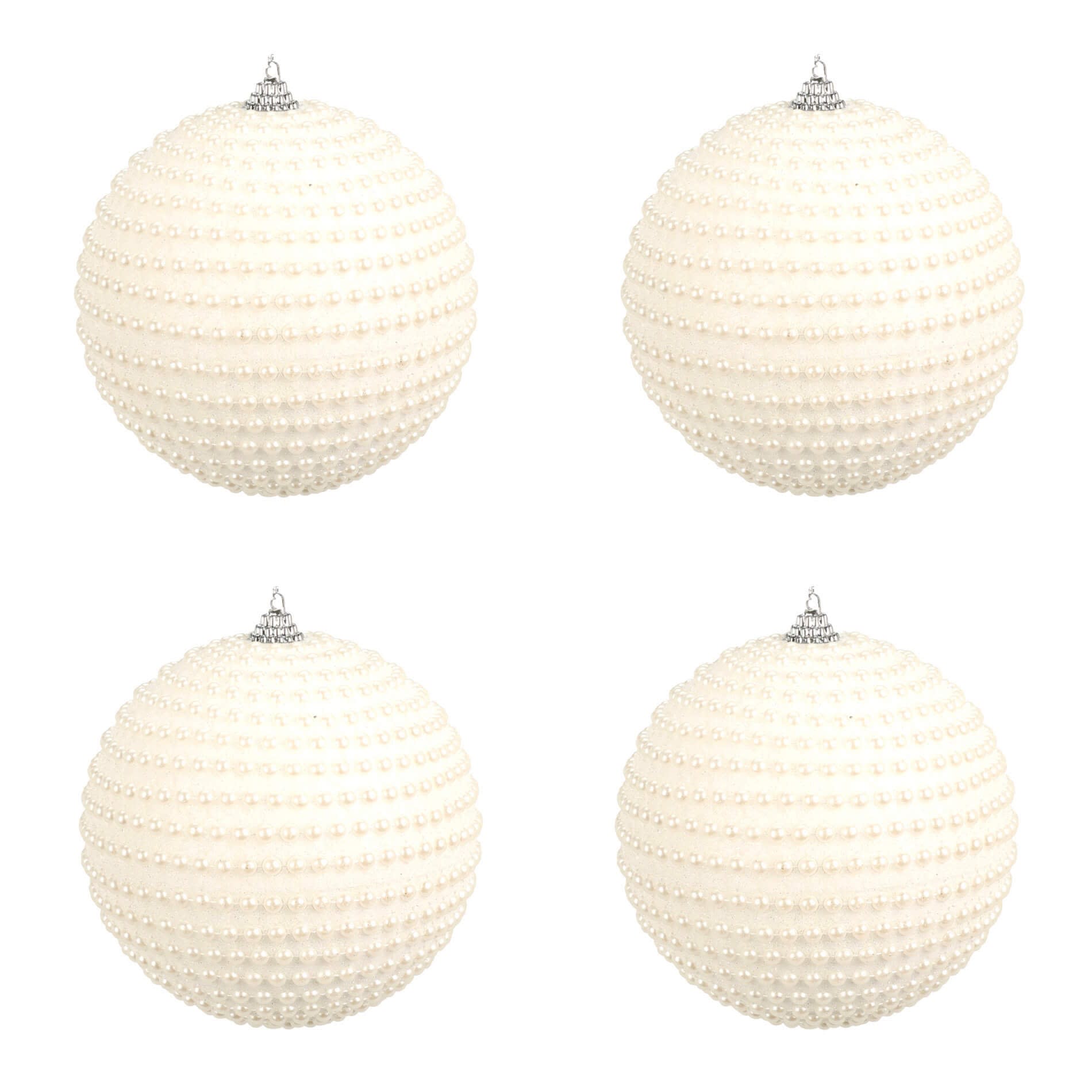 Set 4 palle di Natale con perline bianche in plastica diametro 10 cm