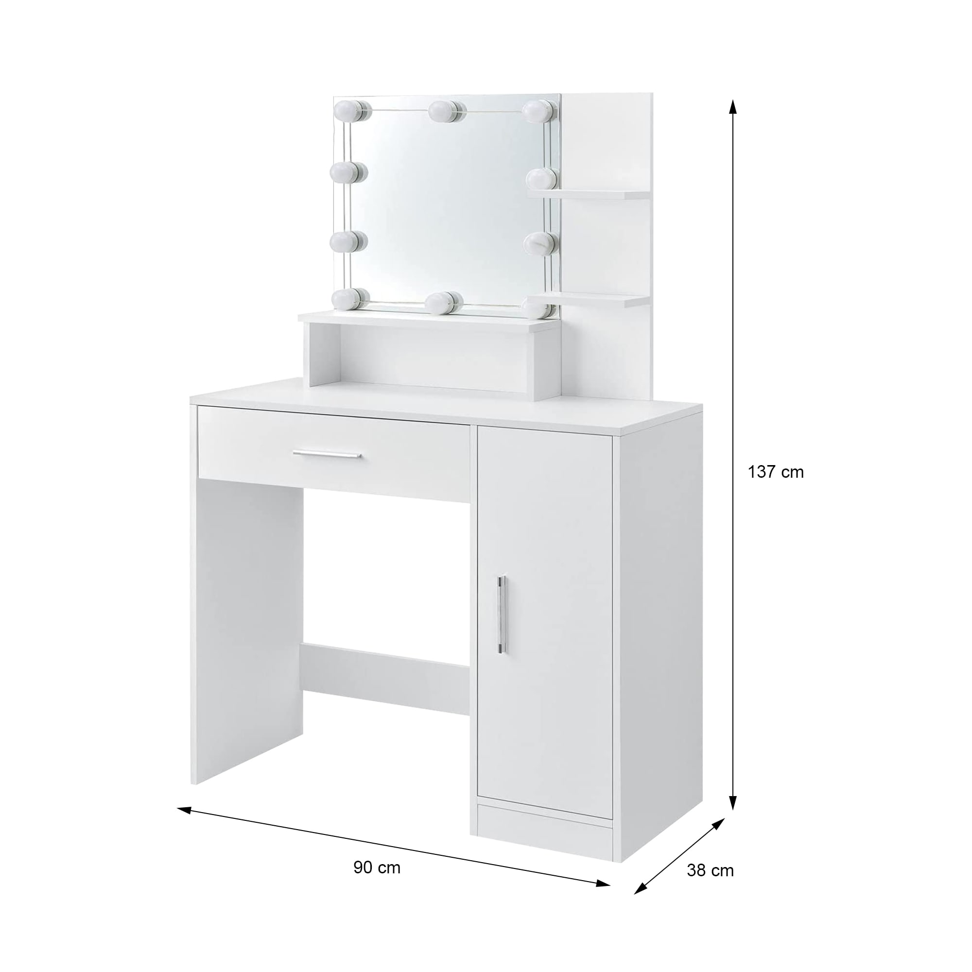 Tavolino da toilette Finya bianco con sgabello e specchio LED