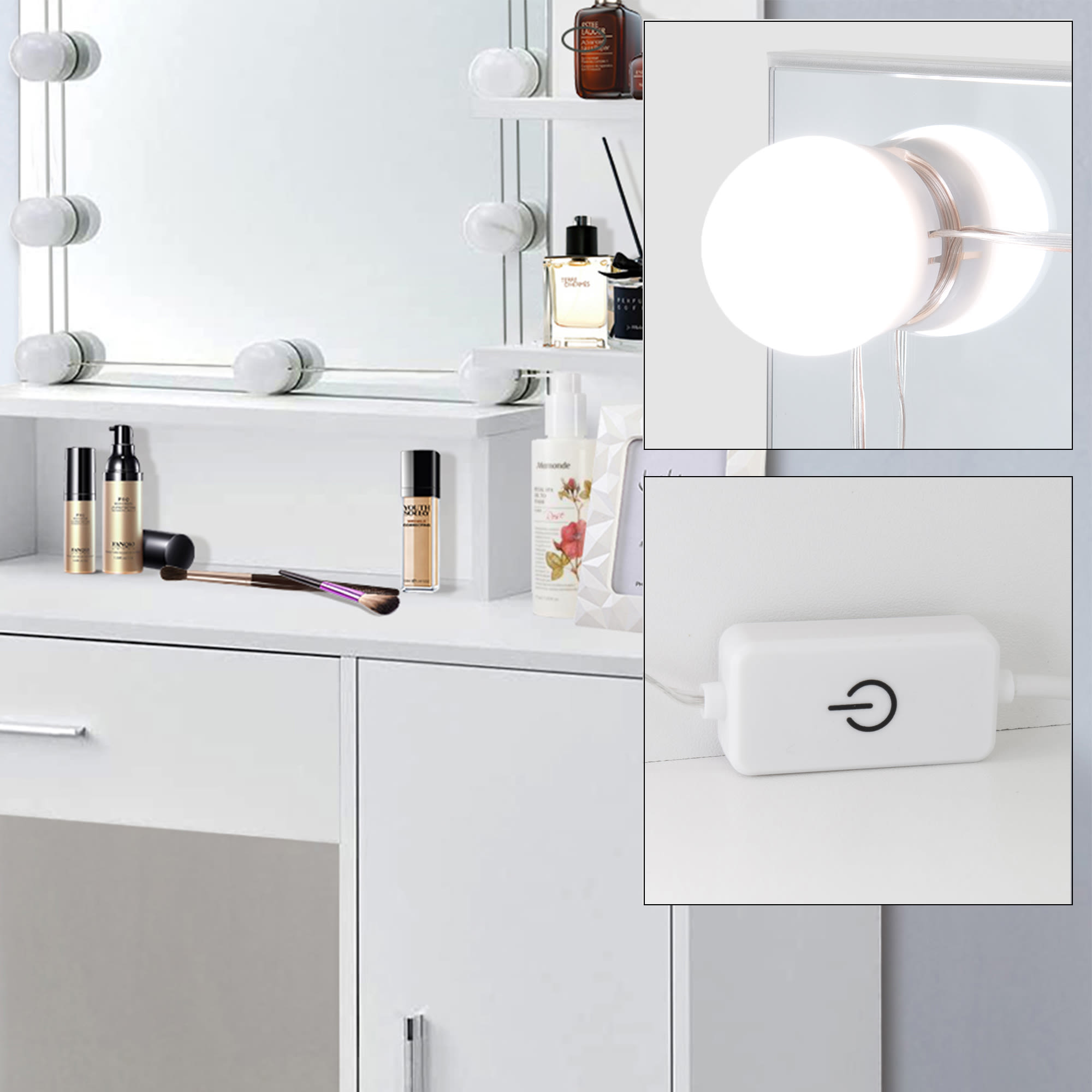 Tavolo da trucco con specchio bianco con luce LED + sgabello FLORENZ