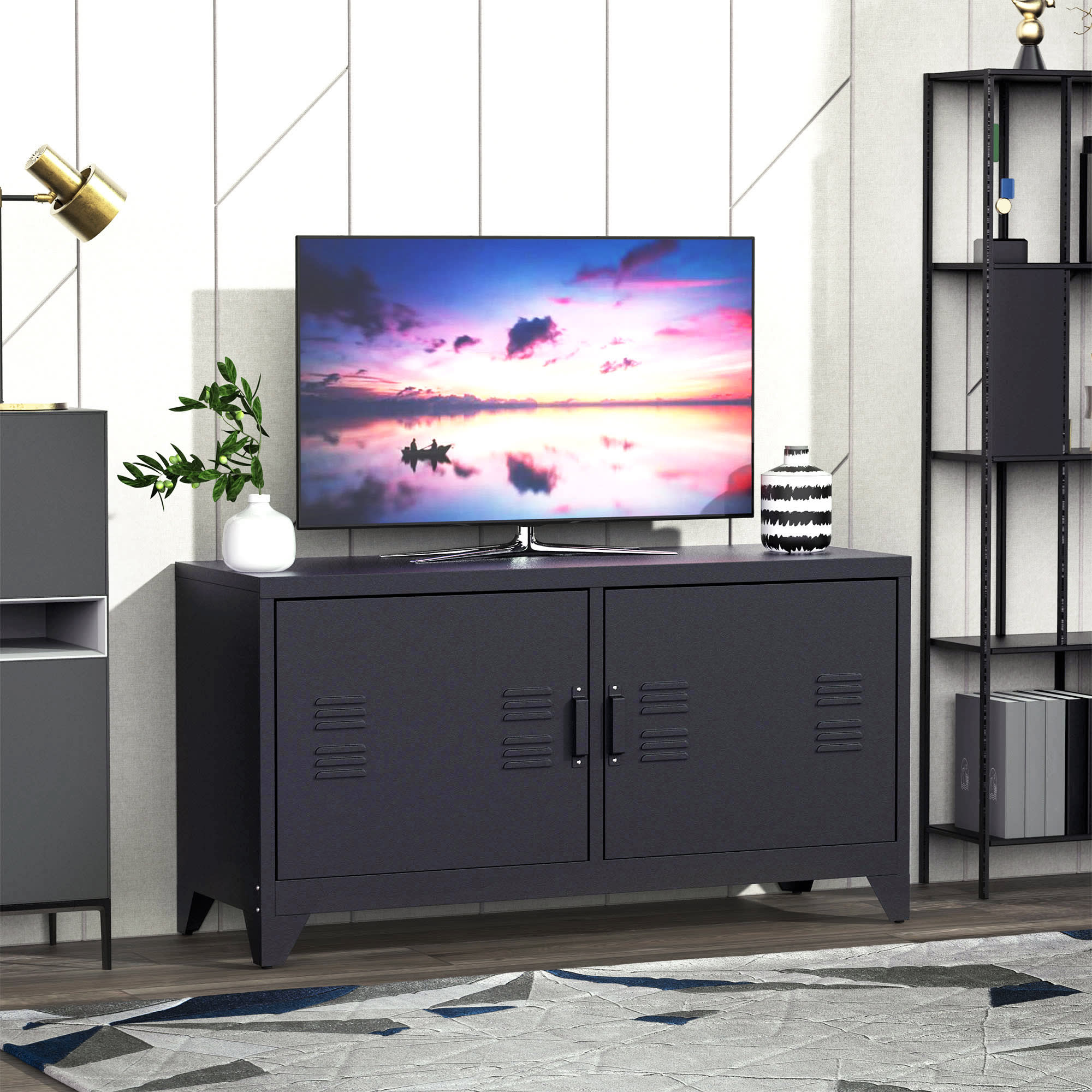 Meuble télé en bois et métal noir 2m design industriel