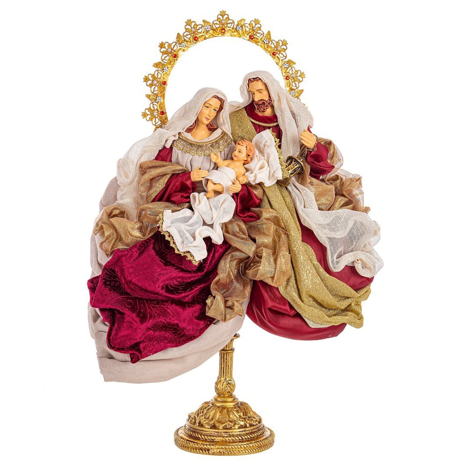 Sacra famiglia con vestiti in tessuto color bordeaux h 53 cm