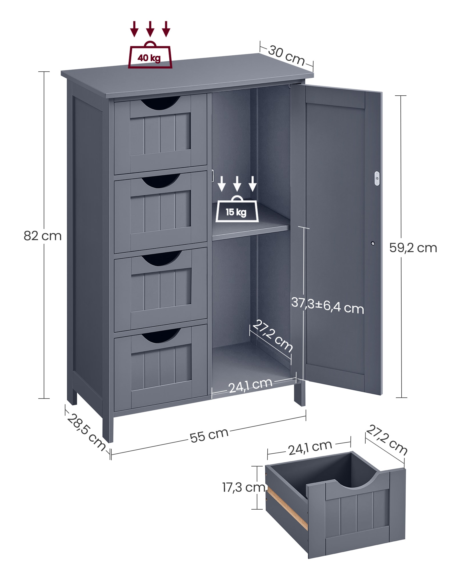 VASAGLE Meuble bas salle de bain avec 4 Tiroirs, Placard avec 1