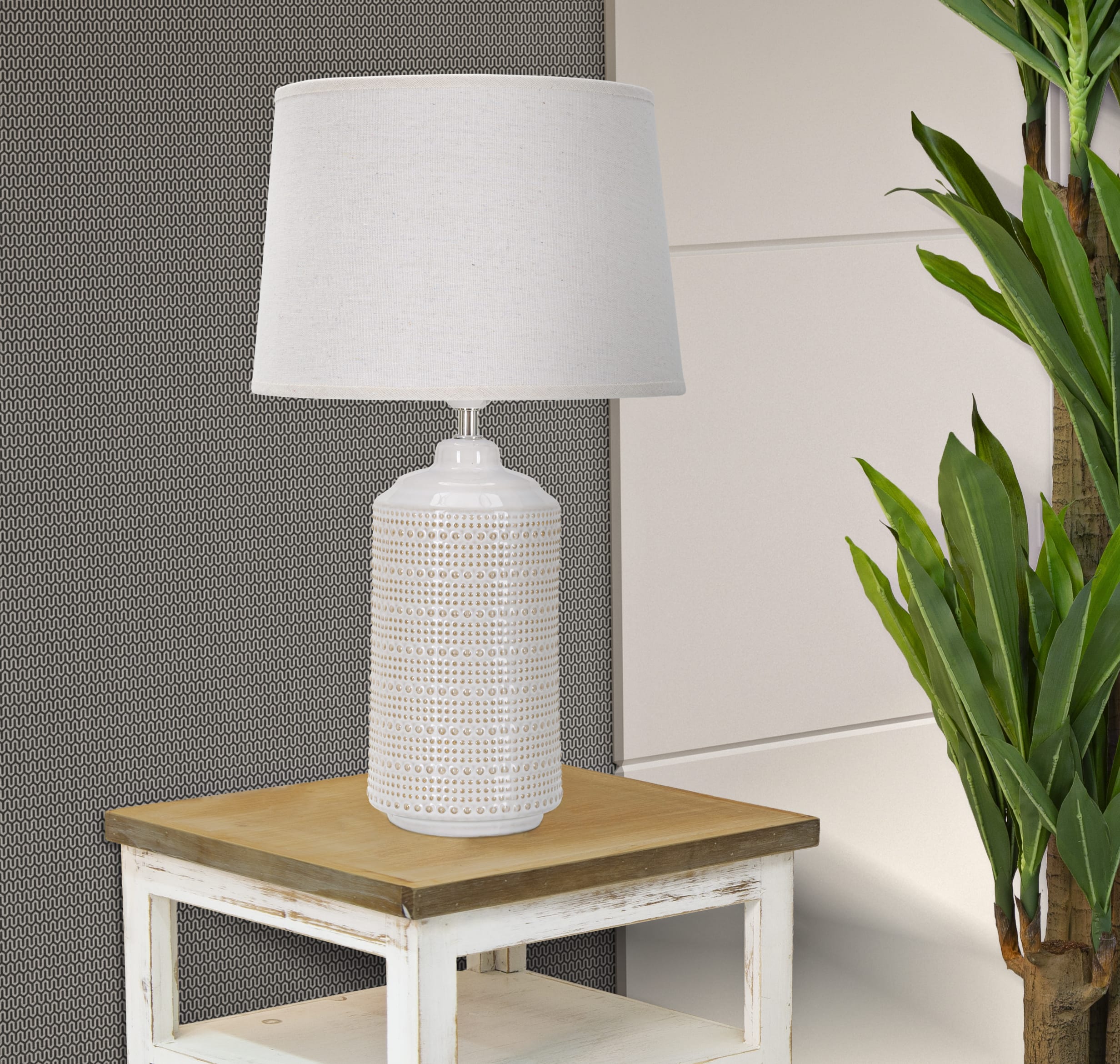 Lampada tavolo in ceramica beige con paralume bianco Ø cm 28x47 POINT