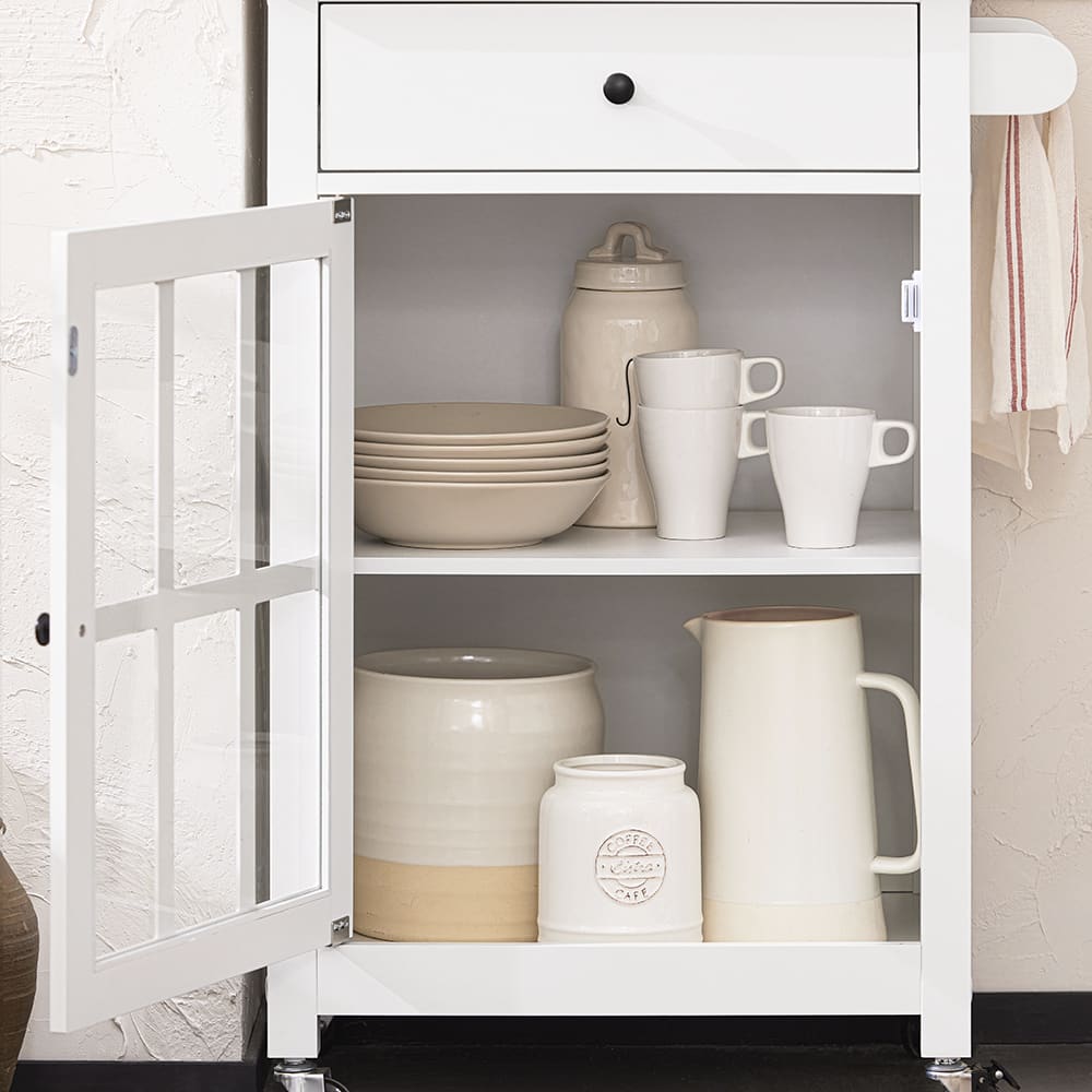 Carrito auxiliar de cocina con 1 puerta de vidrio mdf blanco