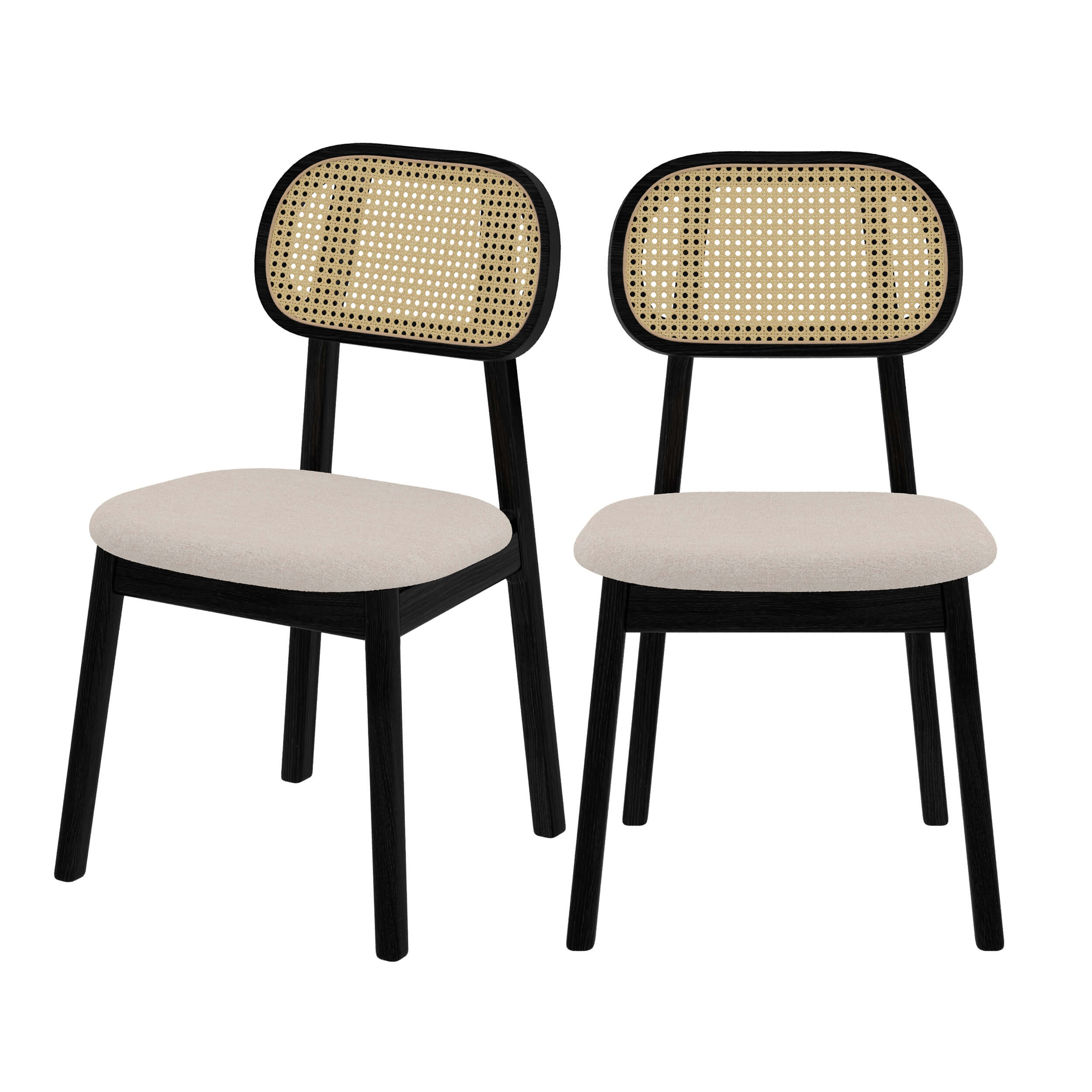 Sedia in legno nero, tessuto beige e rattan (set di 2) Maria