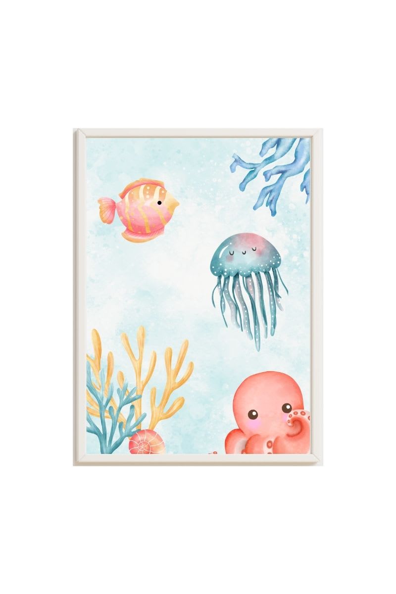Cuadros infantiles océano y medusa azul multicolor 43x33 DECOWOOD
