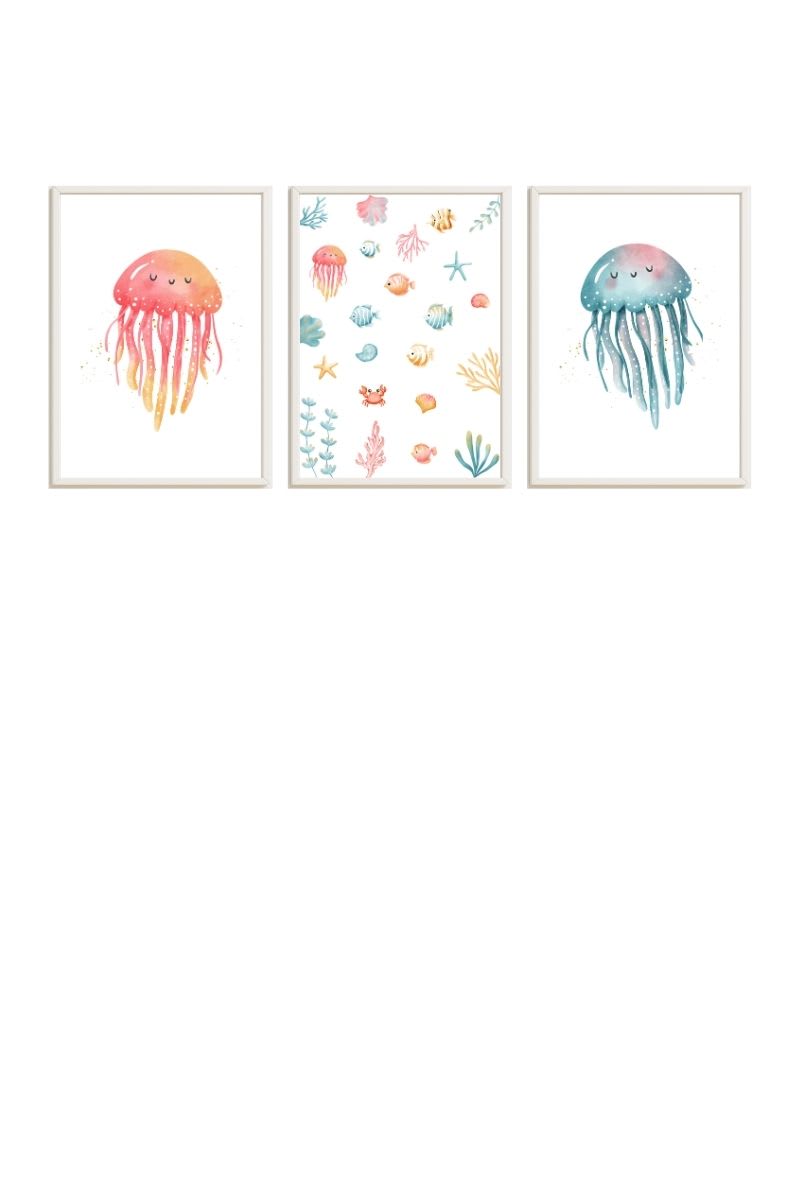 Cuadros infantiles océano y medusa azul multicolor 43x33 DECOWOOD