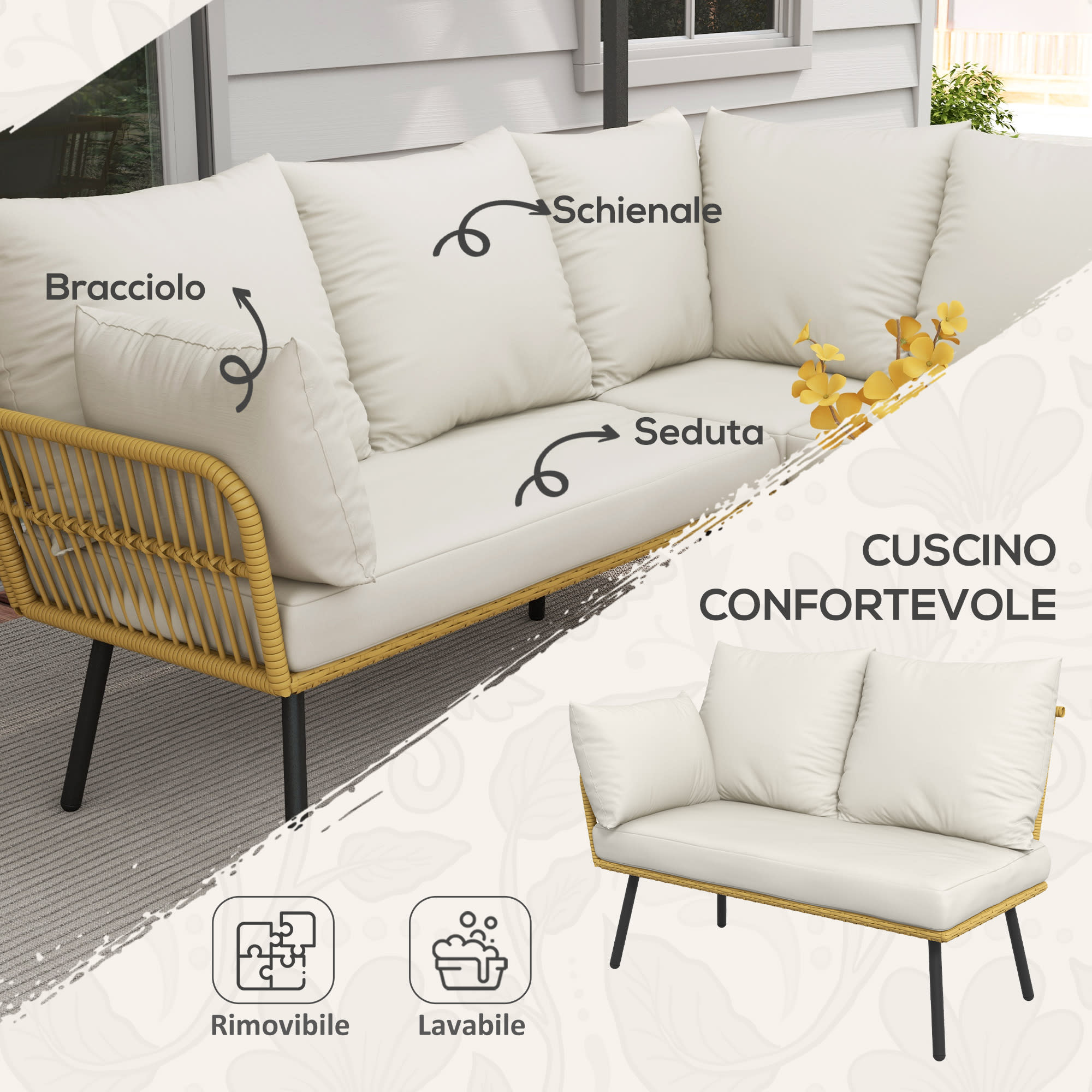 Set Giardino 4 Pezzi Outsunny In Rattan PE - Divanetti E Tavolino In Vetro - Bianco Crema - Foto 8