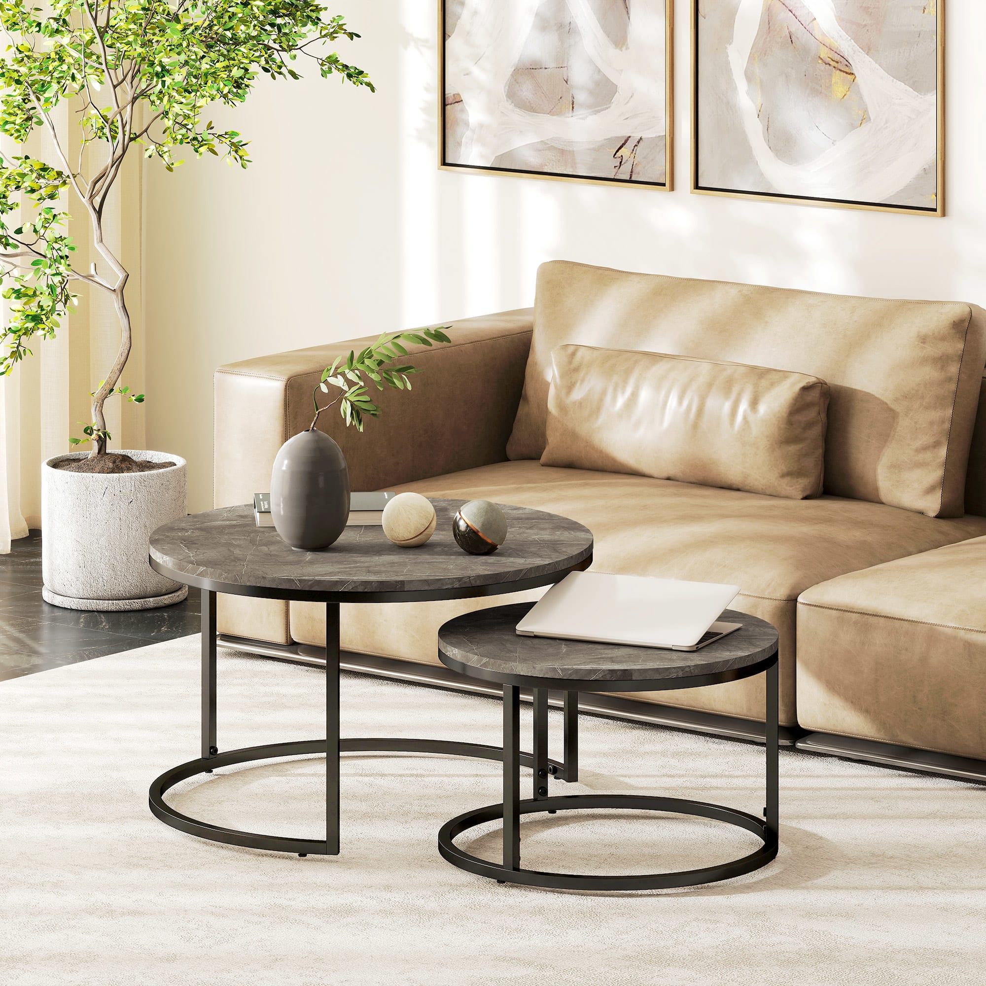 Lot De 2 Tables Basses Gigognes Carrées - Design Marbre - Cadre Métal - Blanc/Noir - 70x70cm Et 45x45cm
