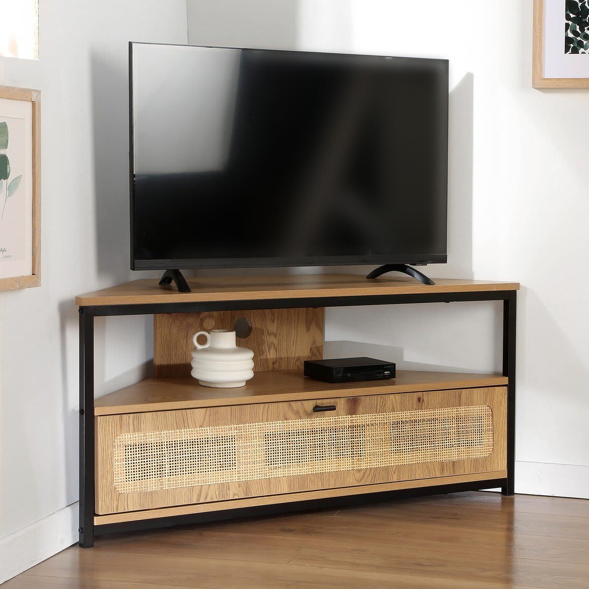 Meuble TV d'angle Jaya avec 1 porte avec un cannage en rotin (largeur 100 cm)