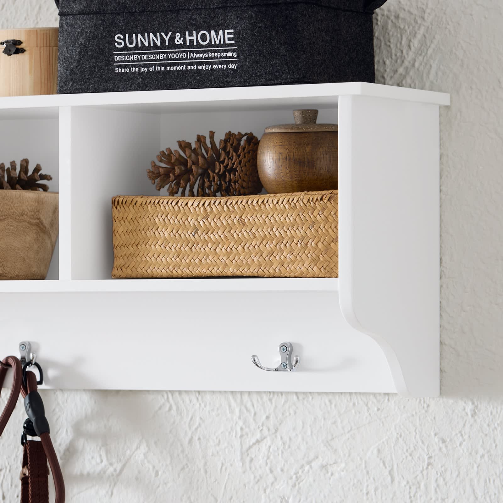 Appendiabiti Da Parete Con 5 Ganci, Ripiano E 3 Scatole - Bianco/Grigio, 100x30cm, Per Ingresso O Camera