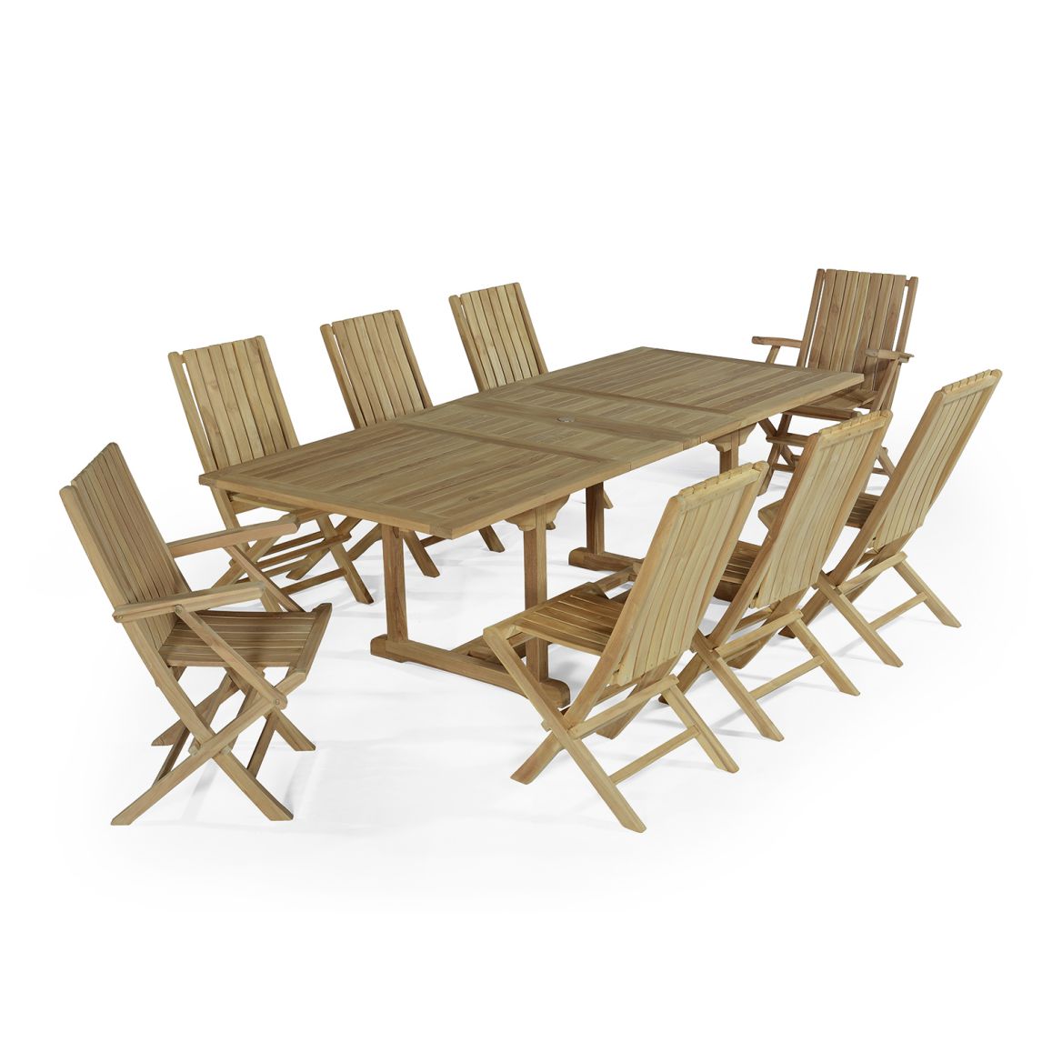 Salon de jardin 6 chaises avec 2 fauteuils en teck massif