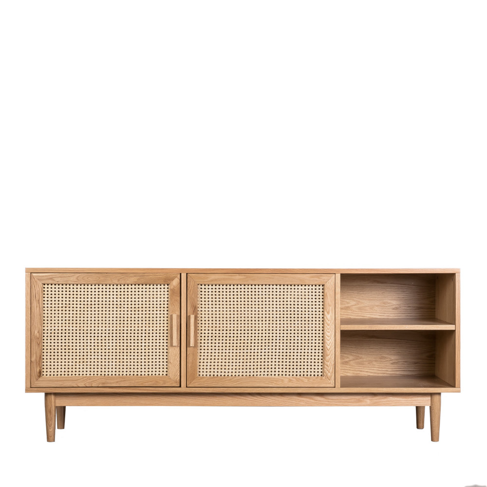 Meuble TV design 2 portes bois et cannage chêne