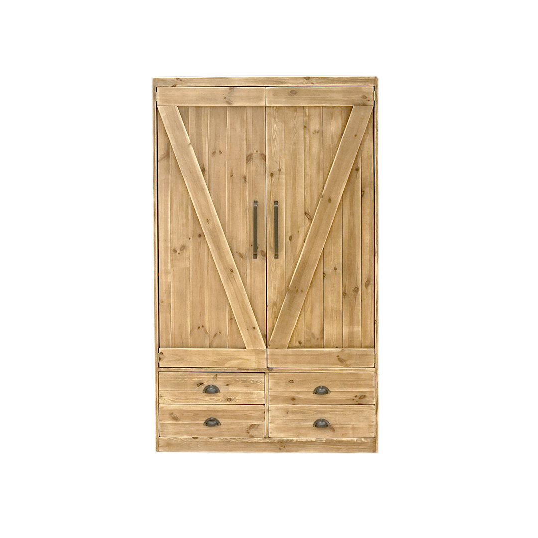 Armoire 2 portes 4 tiroirs pin massif bois vieilli