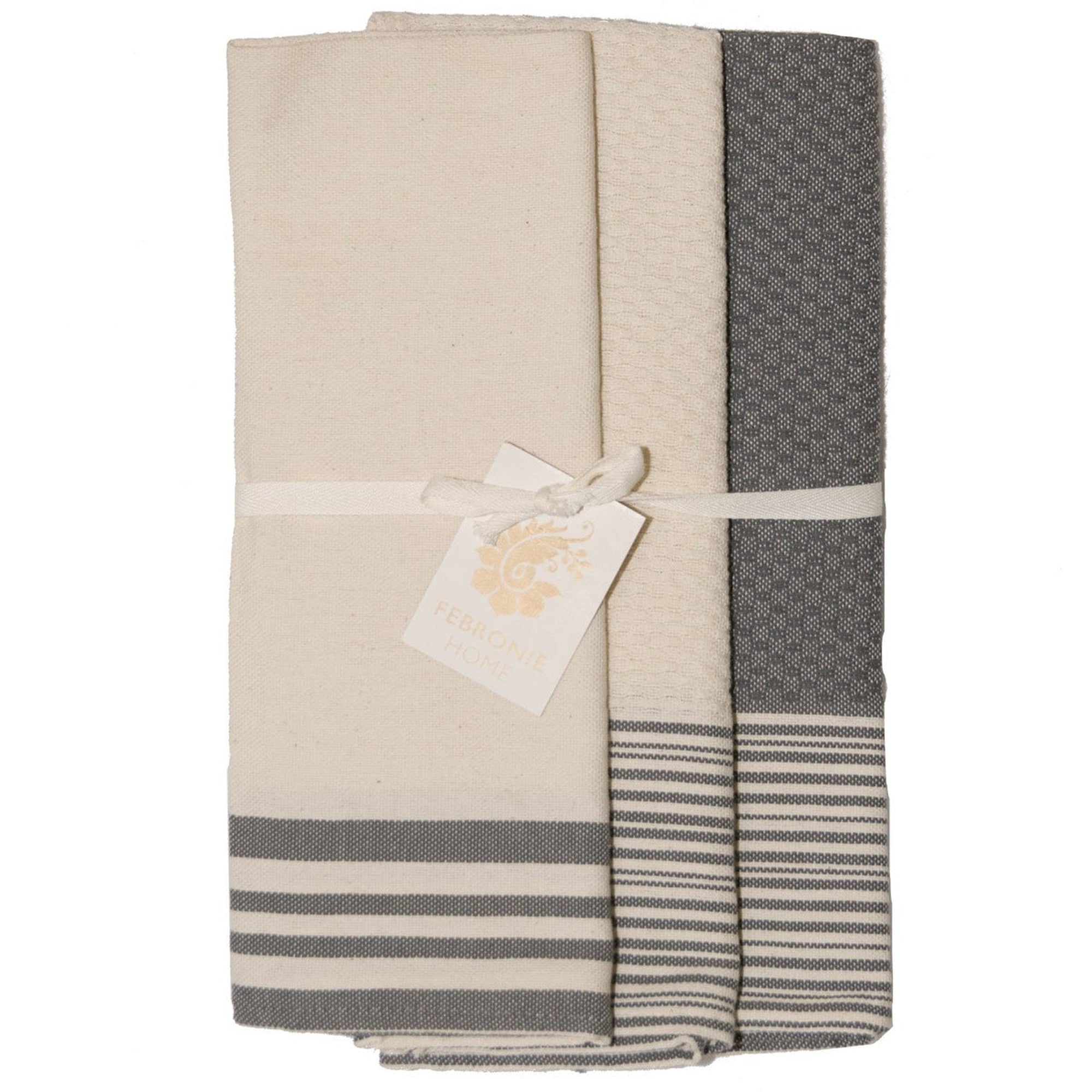Set de 3 torchons en coton 60x40 Gris moyen et écru Set de 3 torchons en coton 60x40 Gris moyen et écru