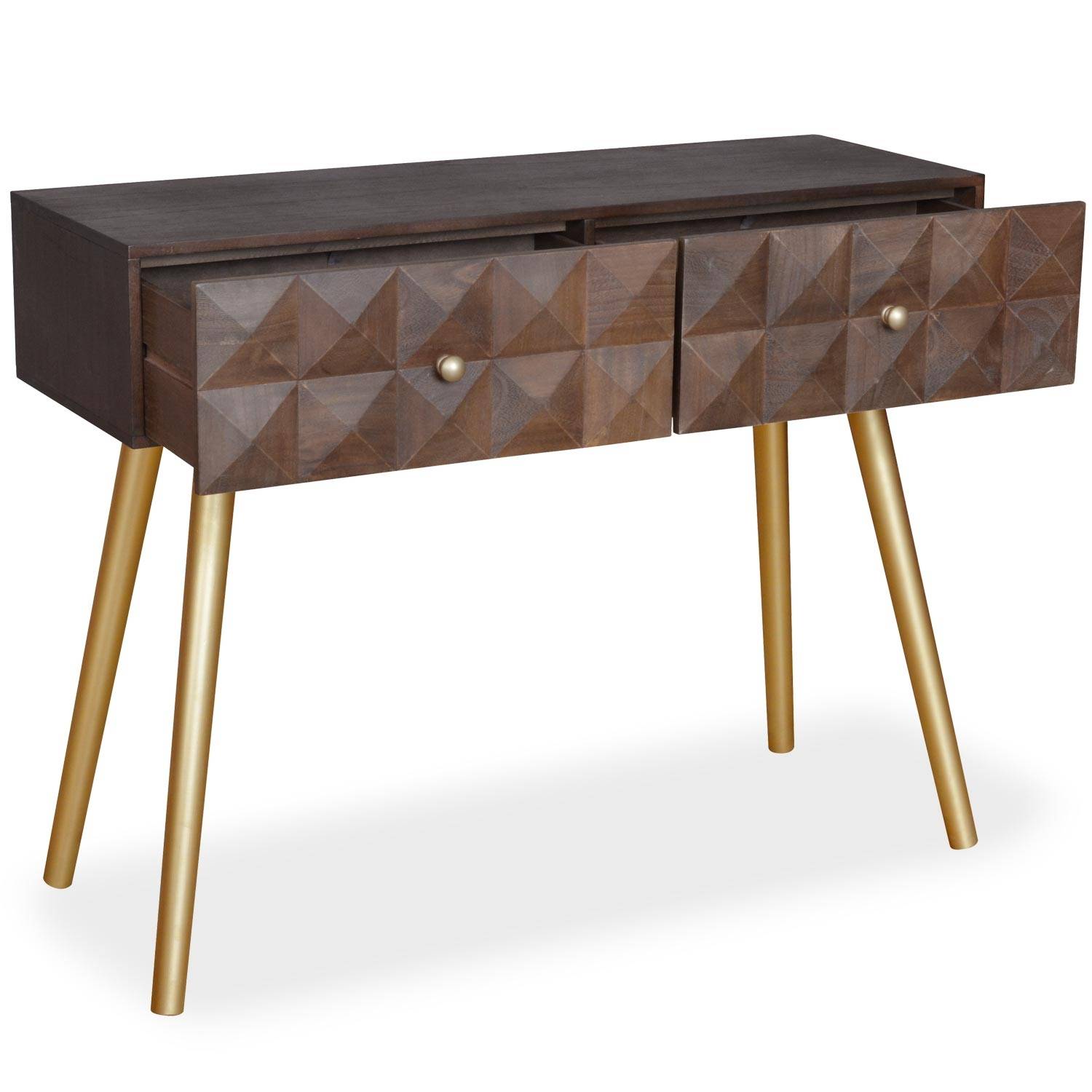 Console 2 tiroirs en bois et pieds en métal or Console 2 tiroirs en bois et pieds en métal or