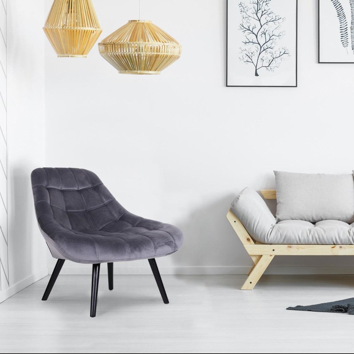 Fauteuil en velours gris et pieds noir Fauteuil en velours gris et pieds noir