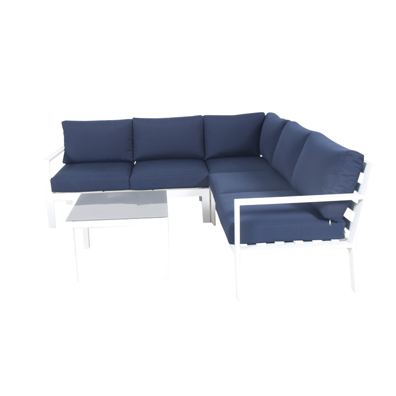 Salon de jardin design 5 places bleu marine en aluminium blanc