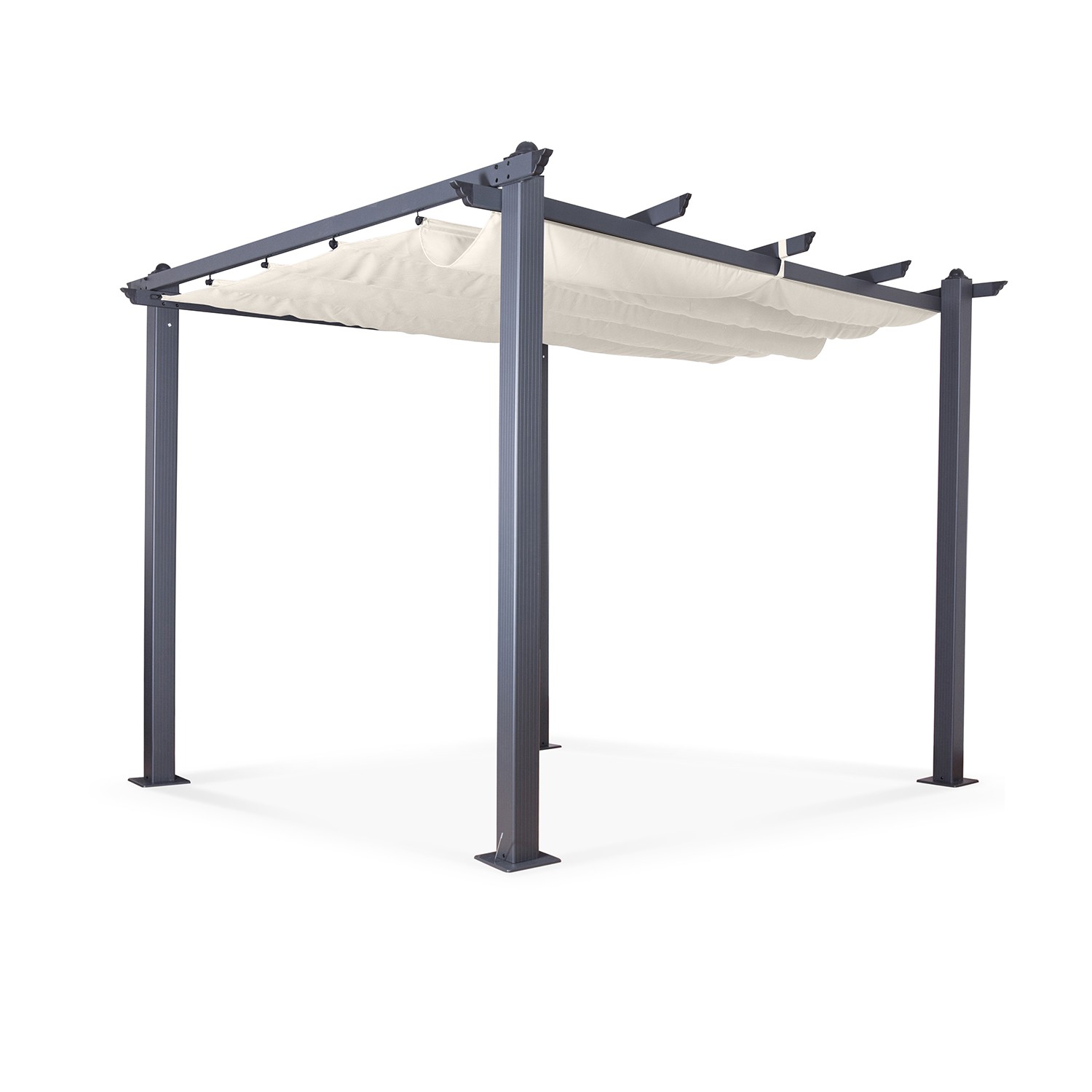 Tonnelle 3x3m avec toile rétractable écru en aluminium gris Tonnelle 3x3m avec toile rétractable écru en aluminium gris