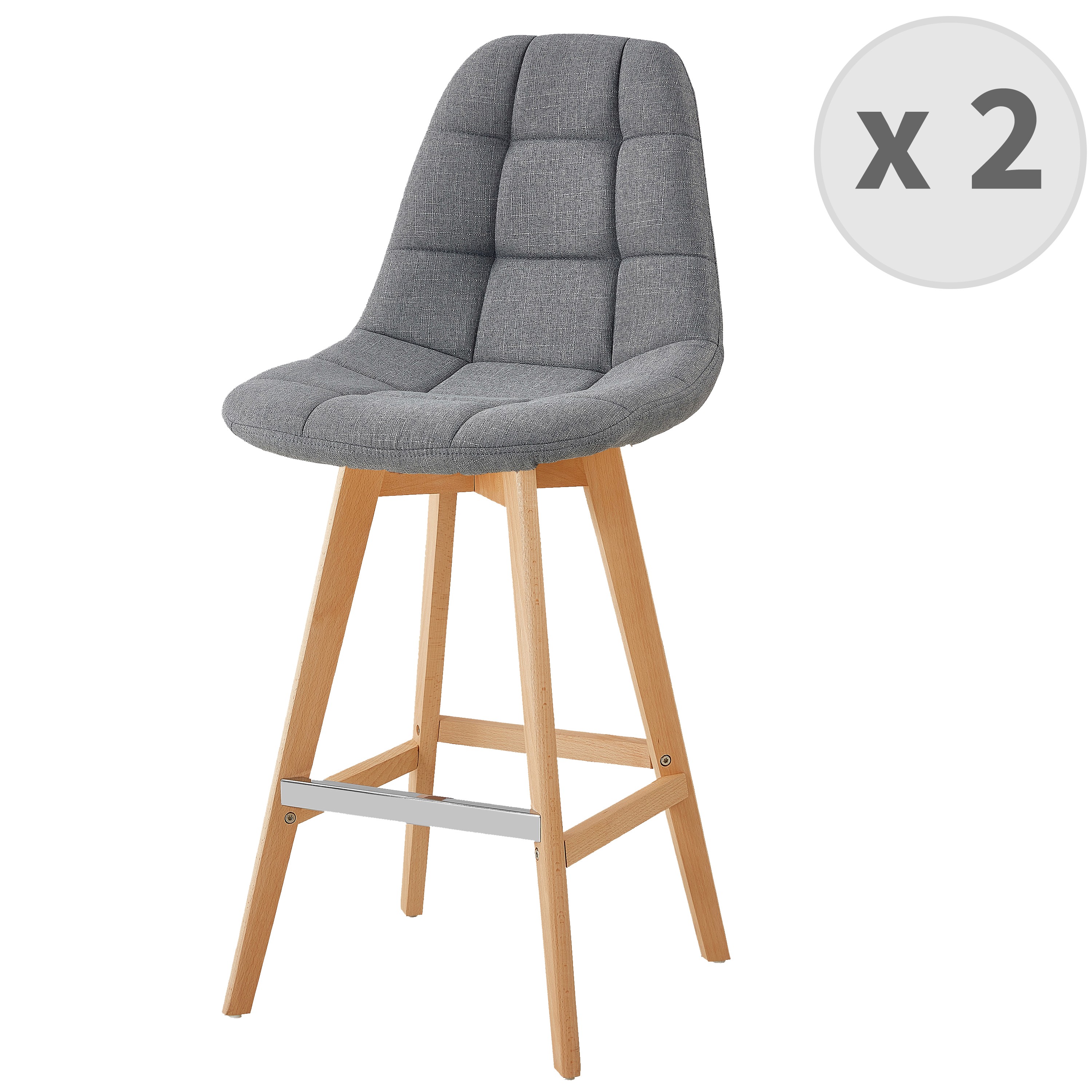 OWEN - Chaise de bar scandinave tissu Gris pied hêtre (x2)