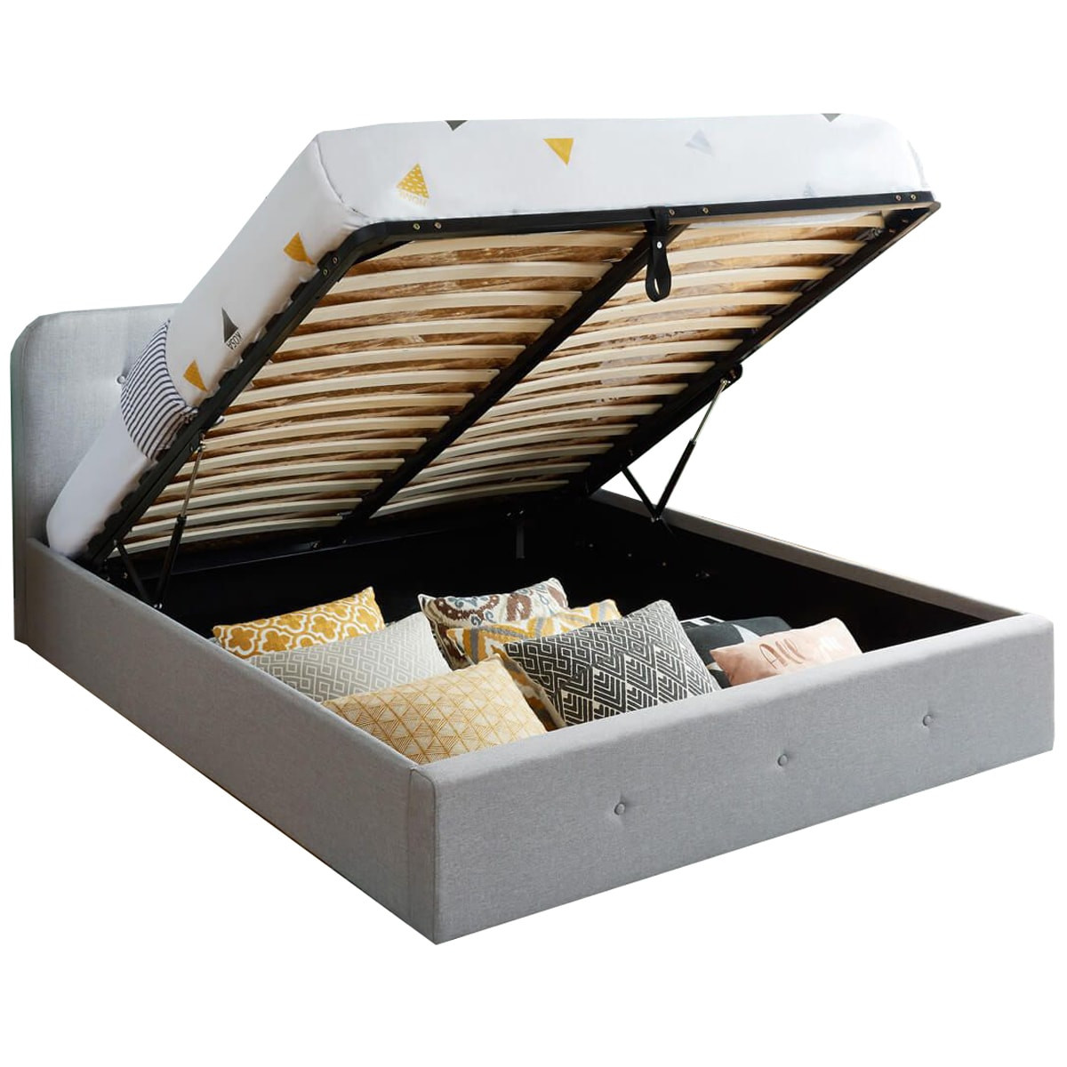 Lit coffre sommier à lattes et tête de lit 180x200 gris clair (photo) Lit coffre sommier à lattes et tête de lit 180x200 gris clair