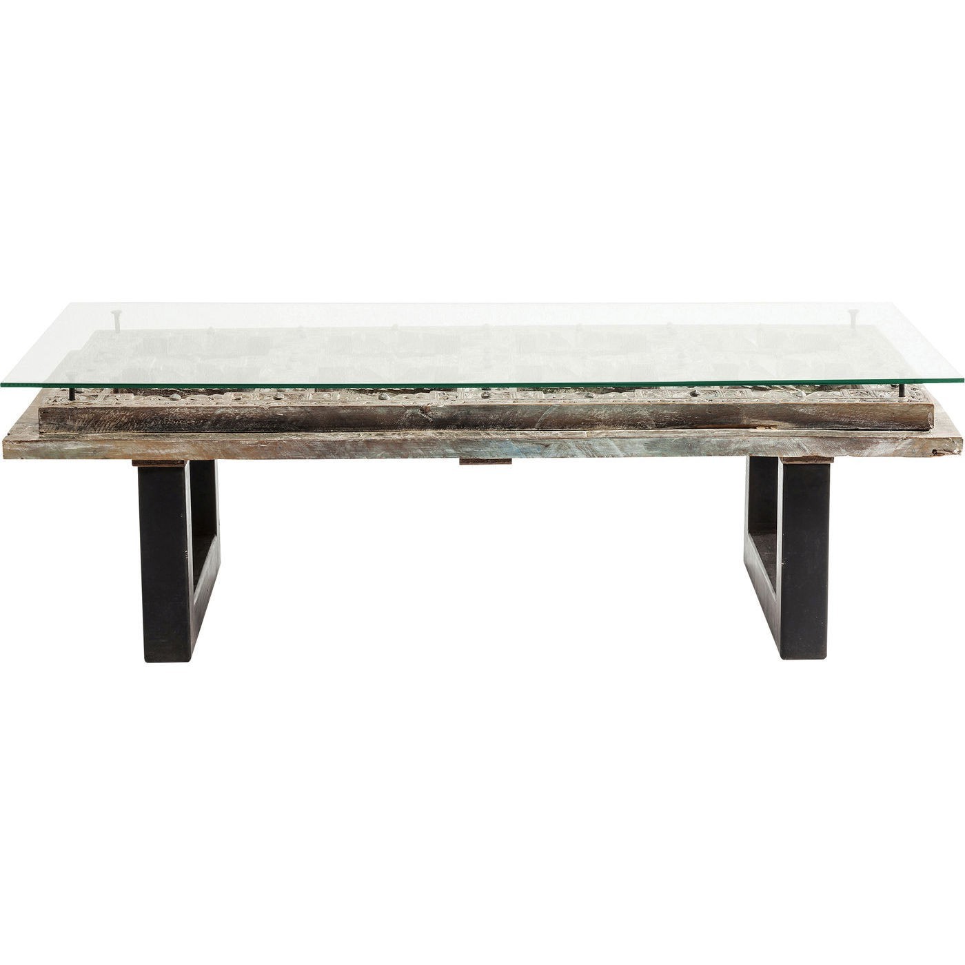 Table basse en manguier massif sculpté et verre