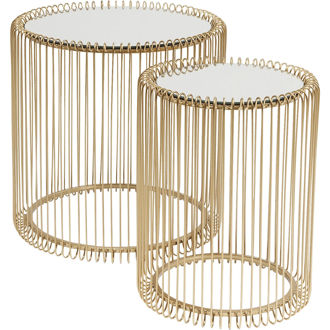 2 tables d'appoint rondes en acier doré et verre miroir