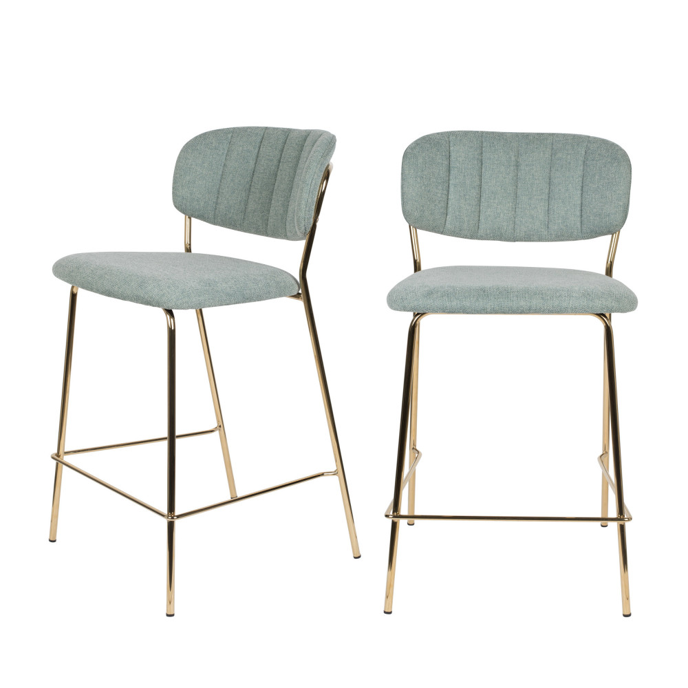 2 tabourets de bar tissu vert de gris pieds dorés (photo) 2 tabourets de bar tissu vert de gris pieds dorés