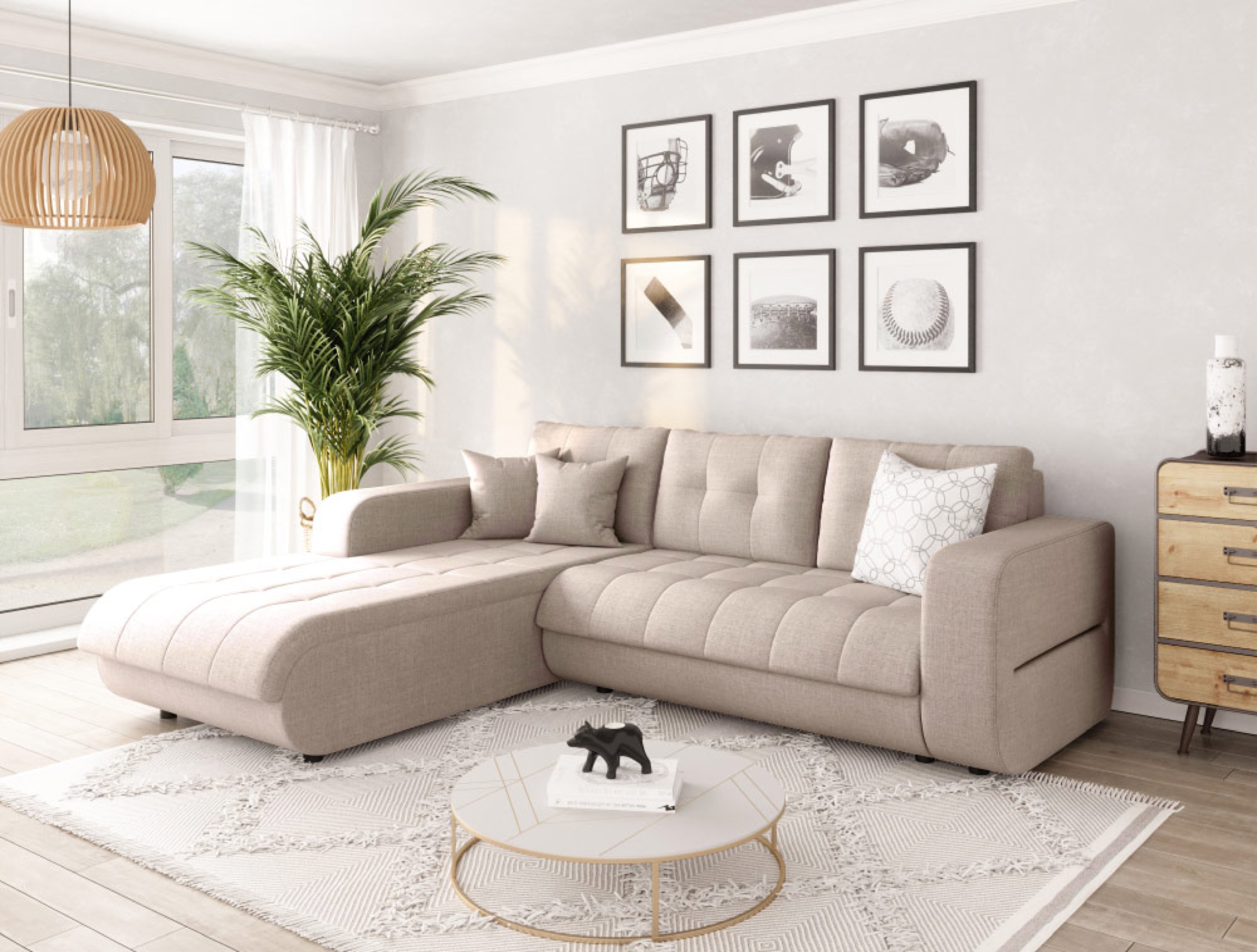Canapé d'angle gauche convertible en tissu beige - Vue supplémentaire 1