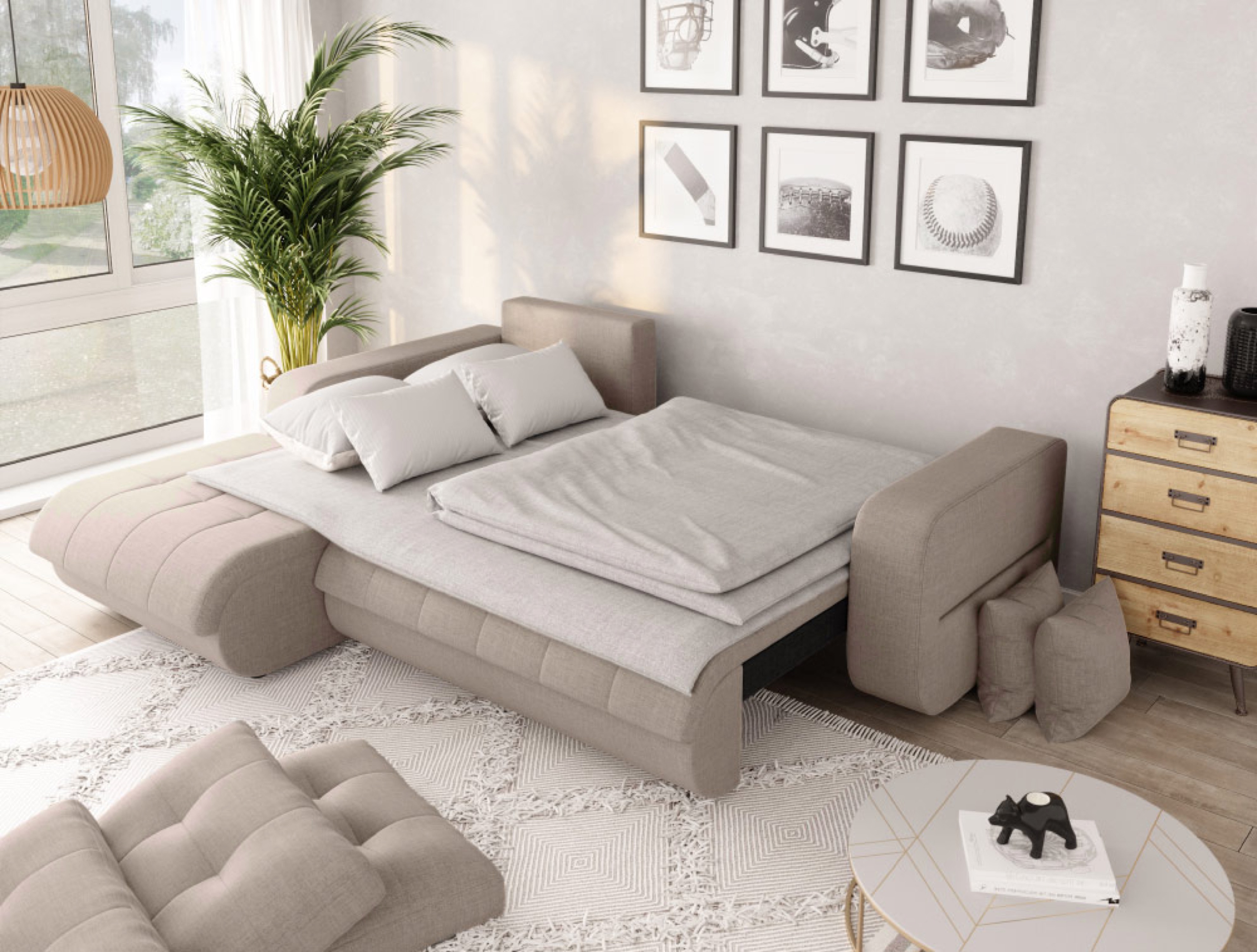 Canapé d'angle gauche convertible en tissu beige - Vue supplémentaire 2