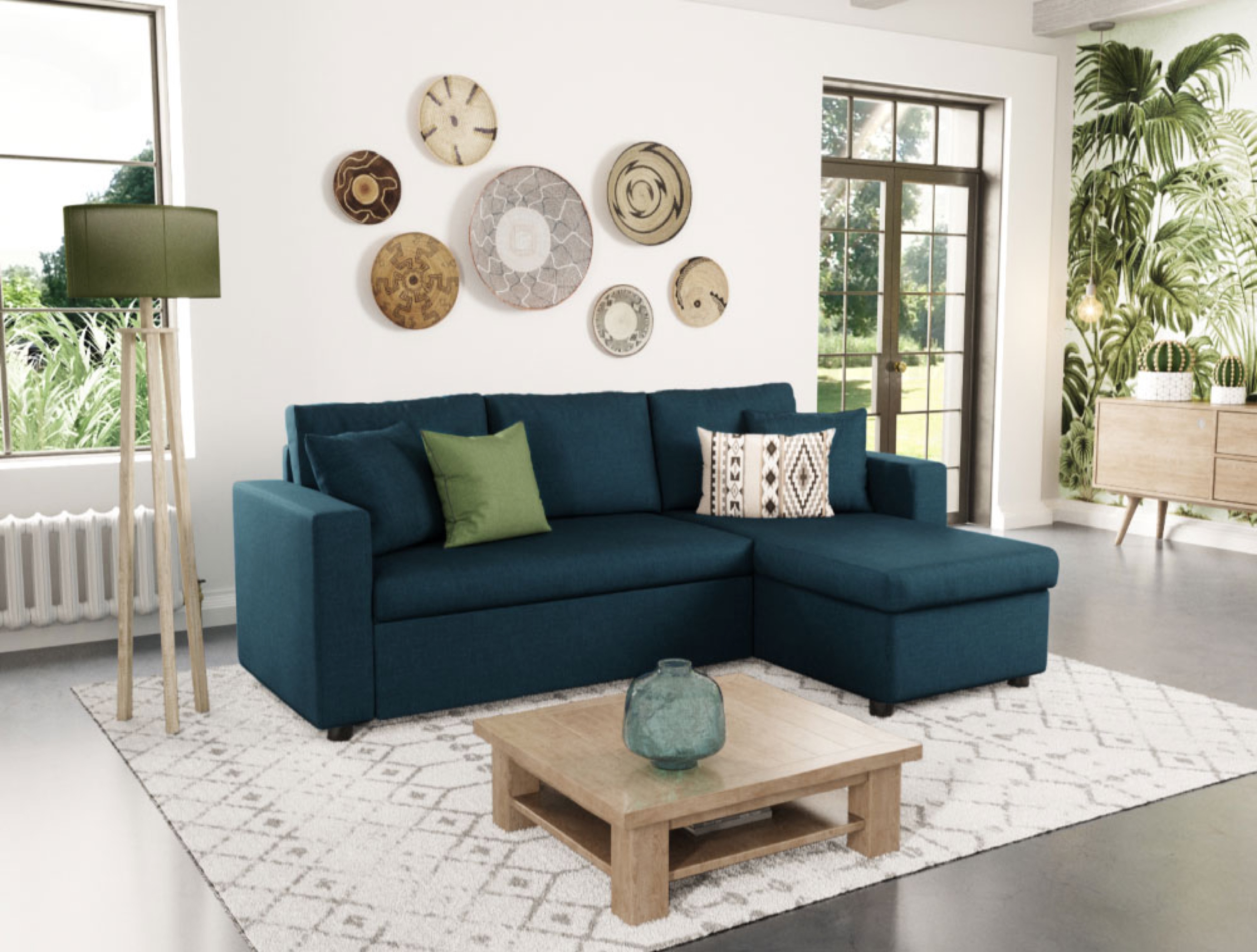 Canapé d'angle  réversible convertible avec coffre en tissu bleu canard - Vue supplémentaire 1