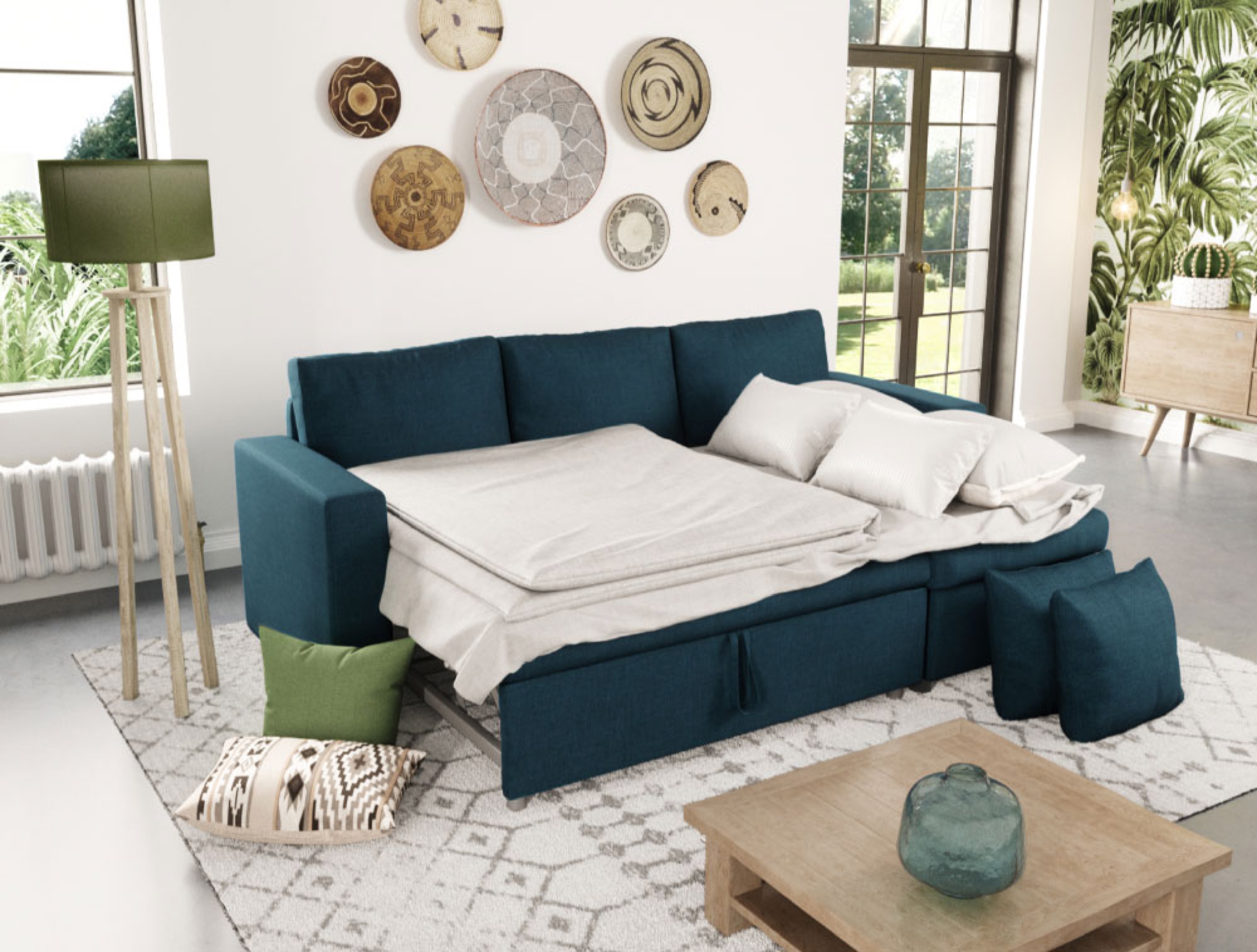Canapé d'angle  réversible convertible avec coffre en tissu bleu canard - Vue supplémentaire 2