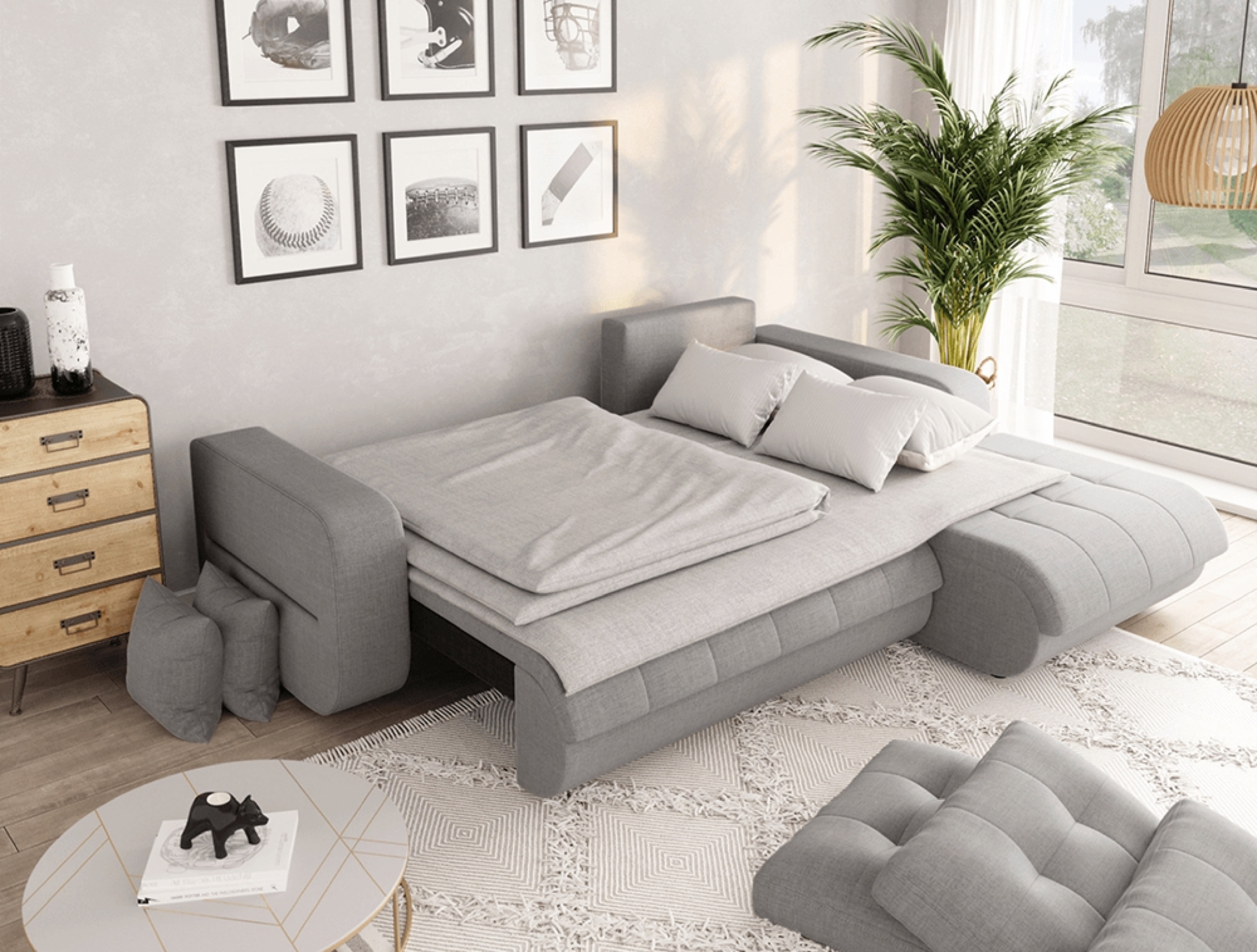 Canapé d'angle convertible en tissu gris clair - Vue supplémentaire 2