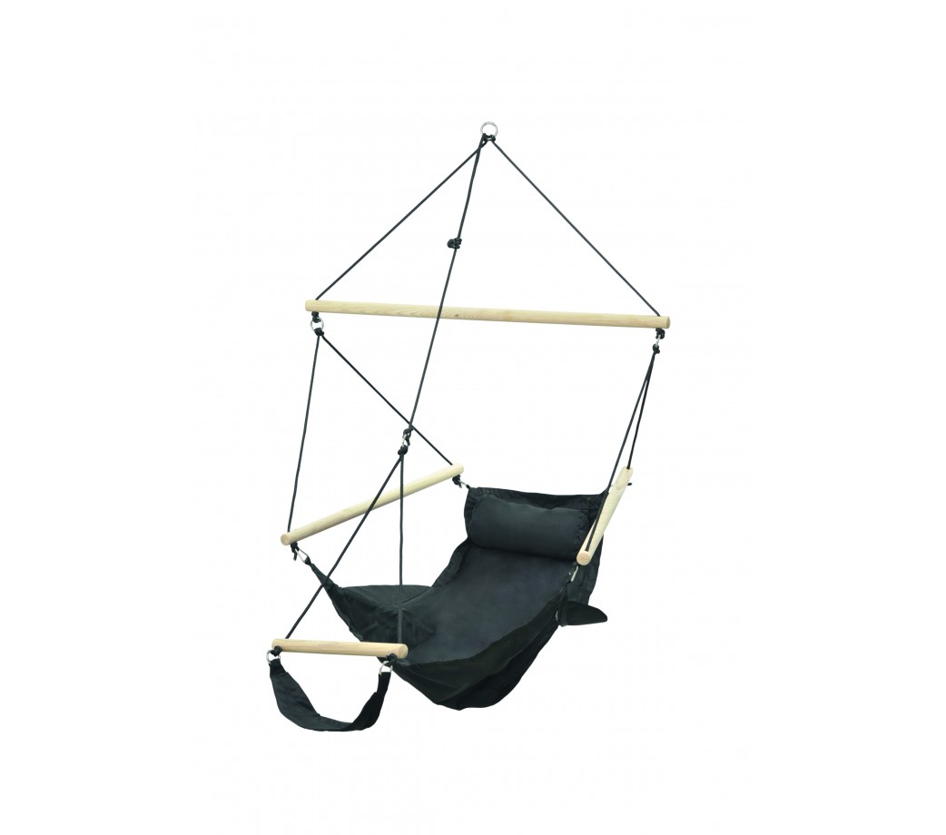 Chaise hamac suspendu avec repose pied en toile noir (photo) Chaise hamac suspendu avec repose pied en toile noir