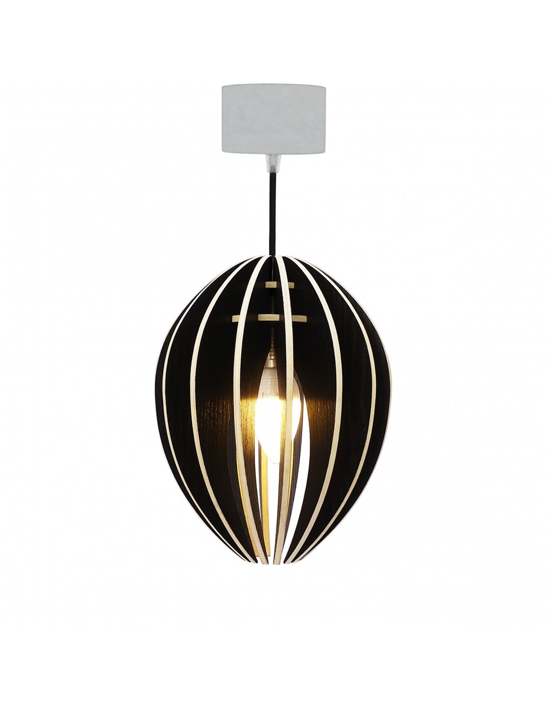 Lampe suspension bois et béton frêne teinté noir cordon noir