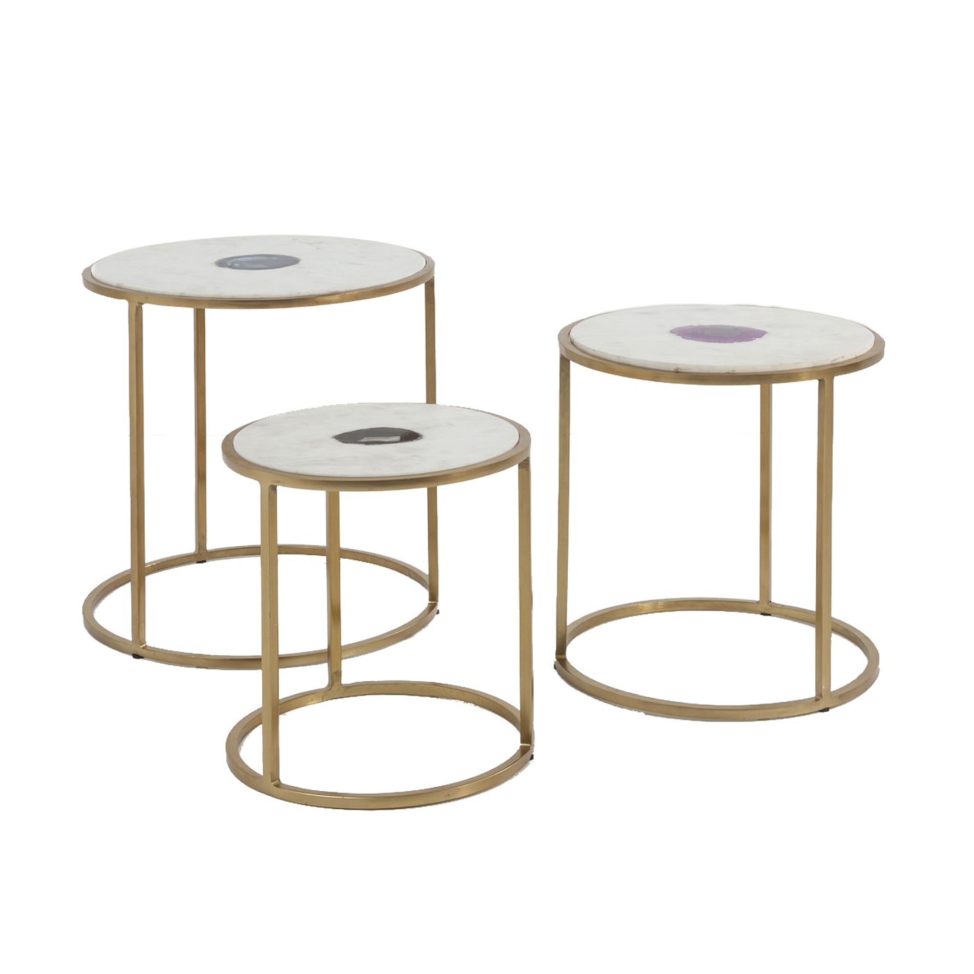 3 tables d'appoint gigognes en acier doré et marbre blanc 3 tables d'appoint gigognes en acier doré et marbre blanc
