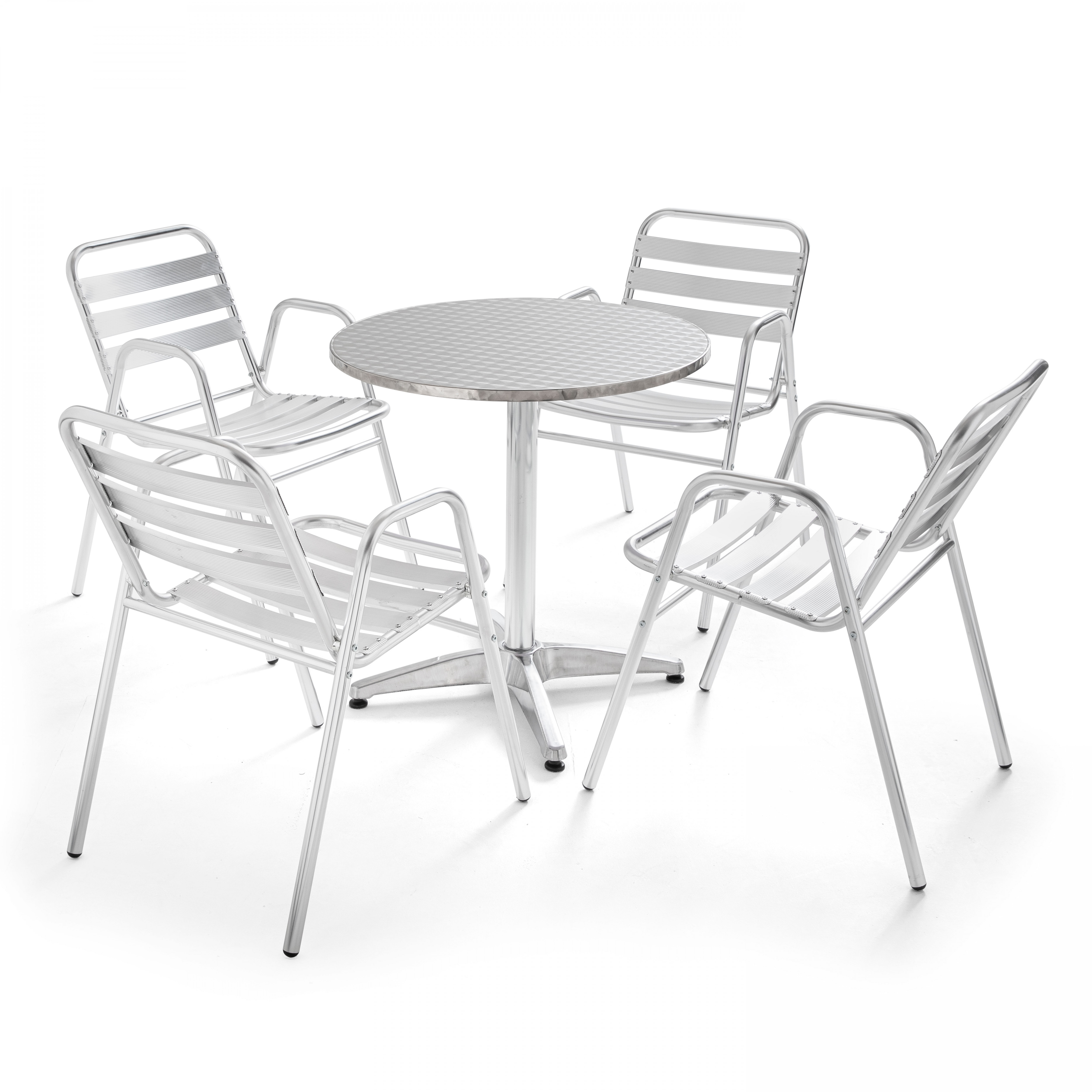 Table de jardin ronde avec 4 fauteuils en aluminium