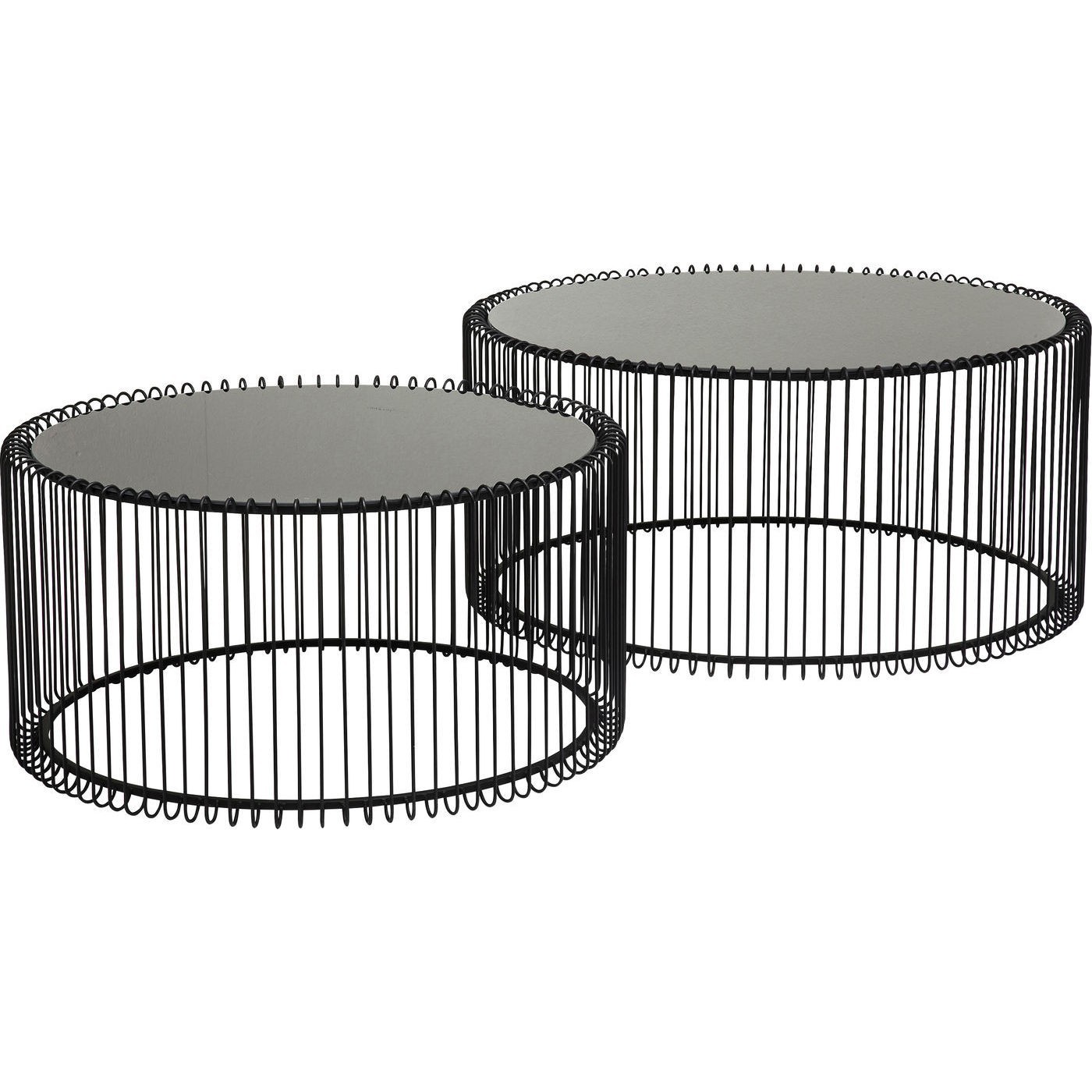 2 tables basses rondes en acier noir et verre
