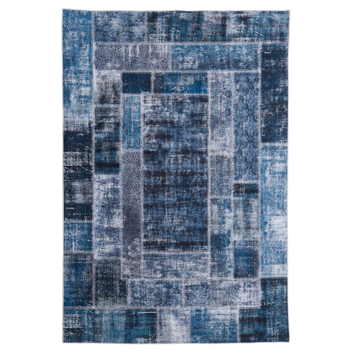 Tapis ethnique patchwork en polyester bleu 80x150