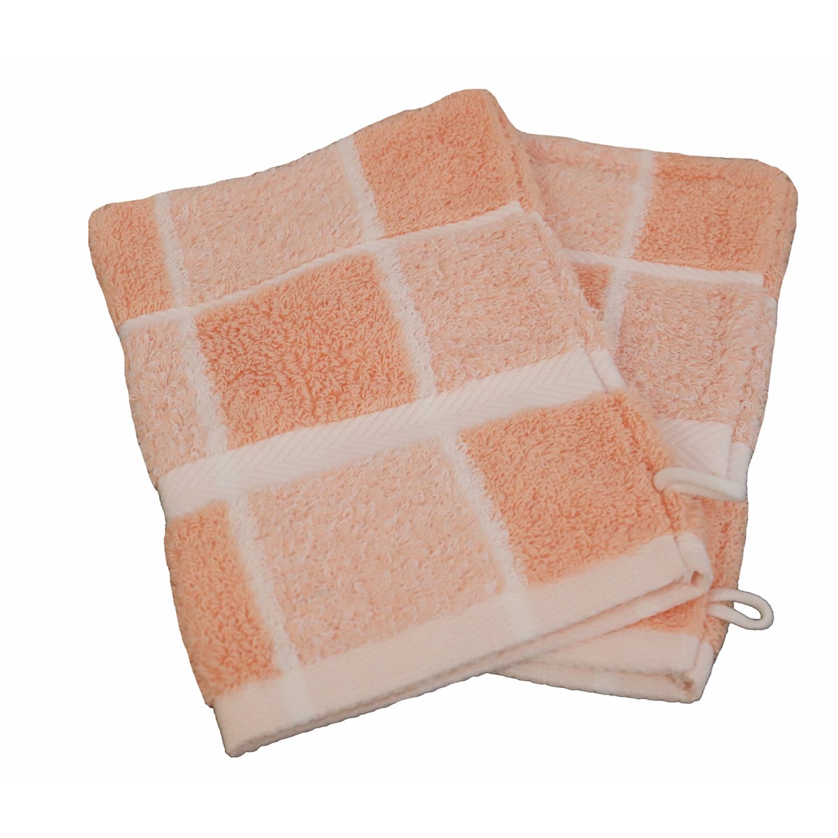Lot de 2 gants de toilette carreaux en coton saumon 15x21 cm Lot de 2 gants de toilette carreaux en coton saumon 15x21 cm
