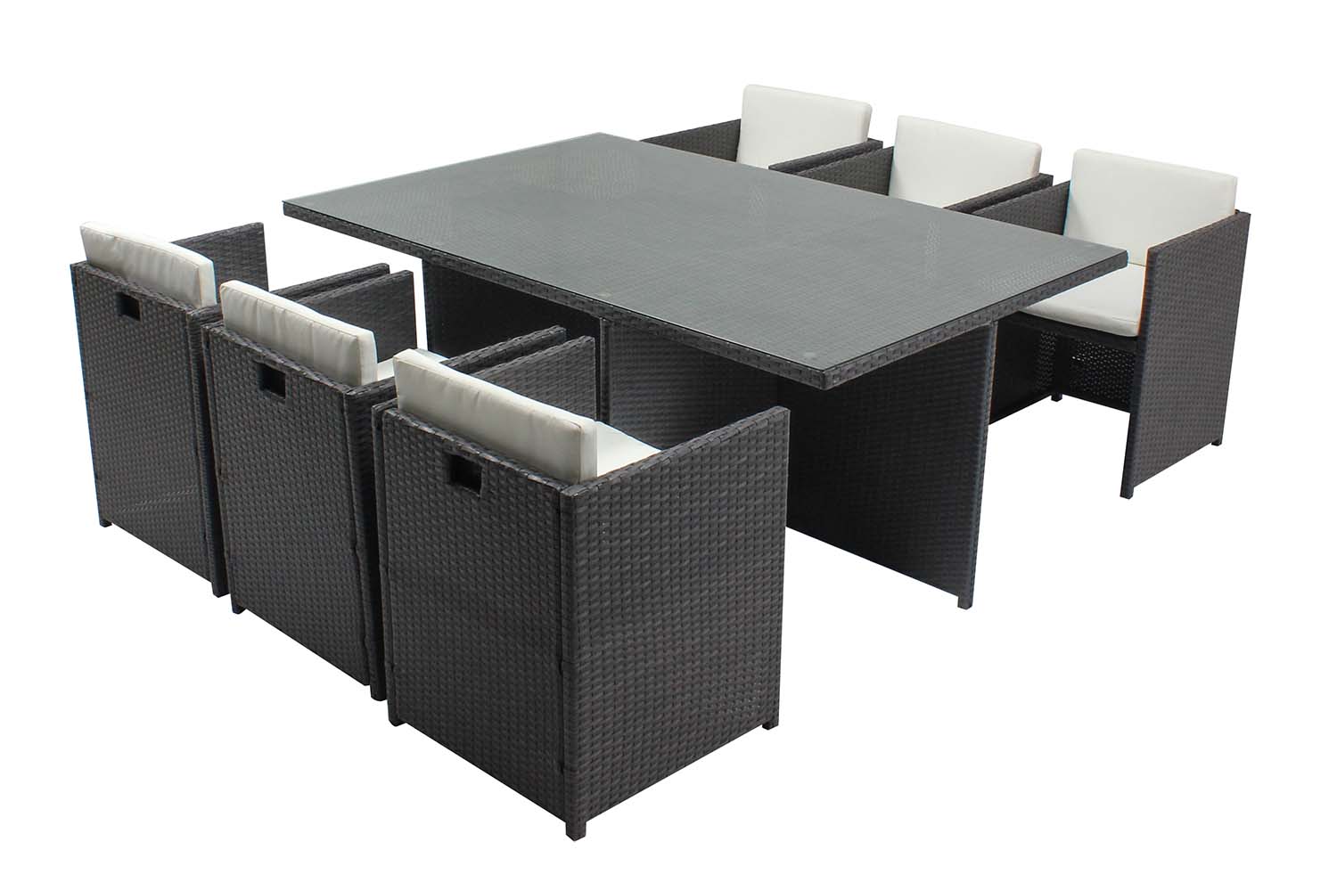 Table et chaises 6 places encastrables en résine gris/blanc