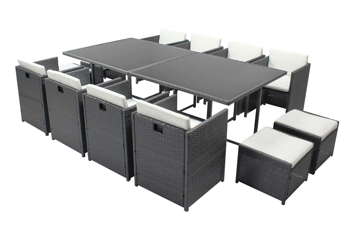 Table et chaises 12 places encastrables résine gris/blanc