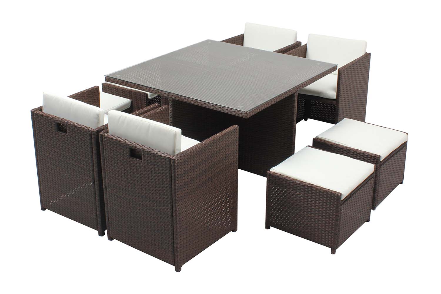 Table et chaises 8 places encastrables résine marron/blanc