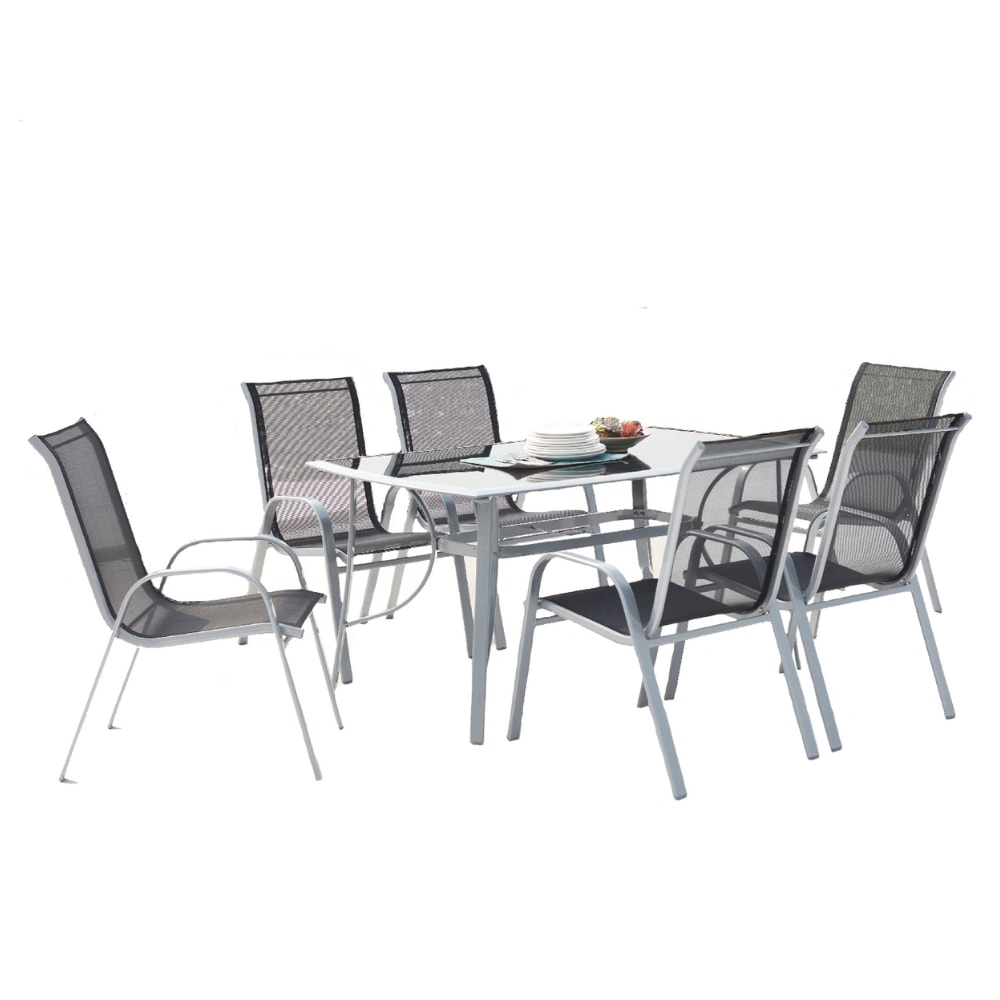 Table de jardin et 6 chaises en aluminium et acier gris