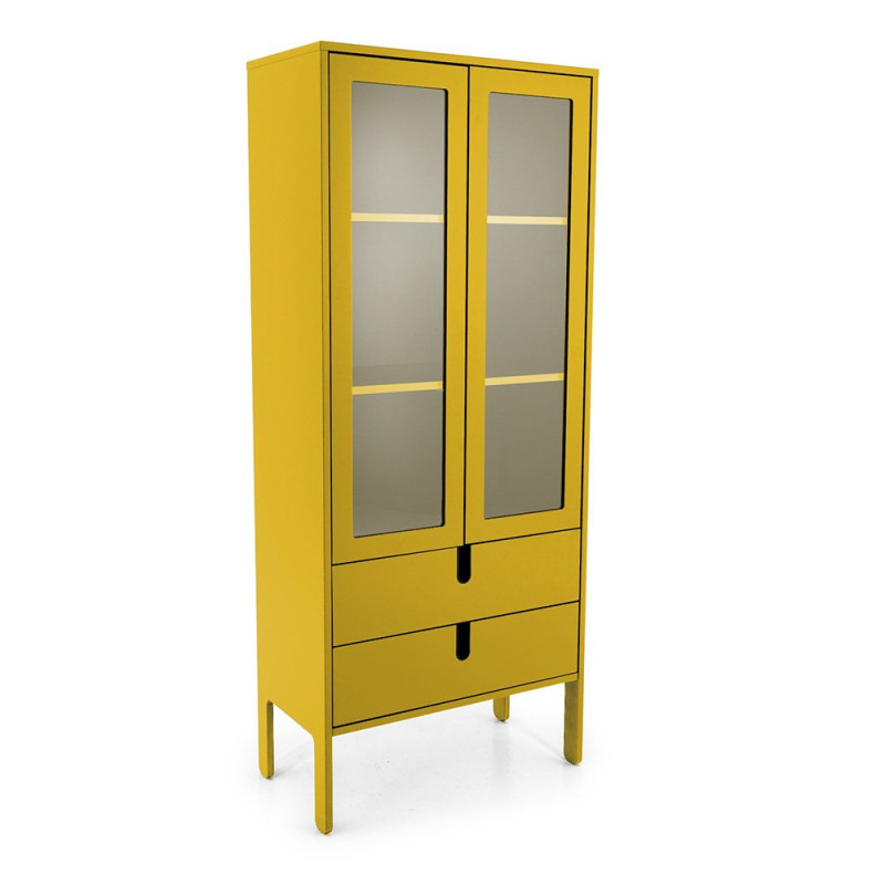 Armoire double portes vitrées et tiroirs Moutarde