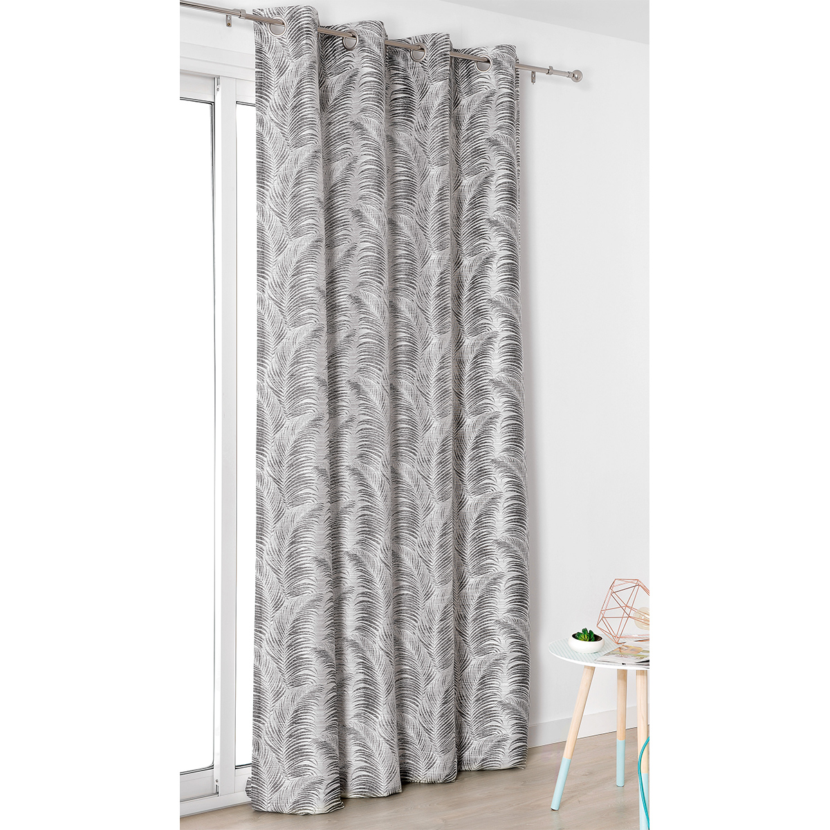 Rideau à oeillets aux motifs palmes polyester gris anthracite 250x145 Rideau à oeillets aux motifs palmes polyester gris anthracite 250x145