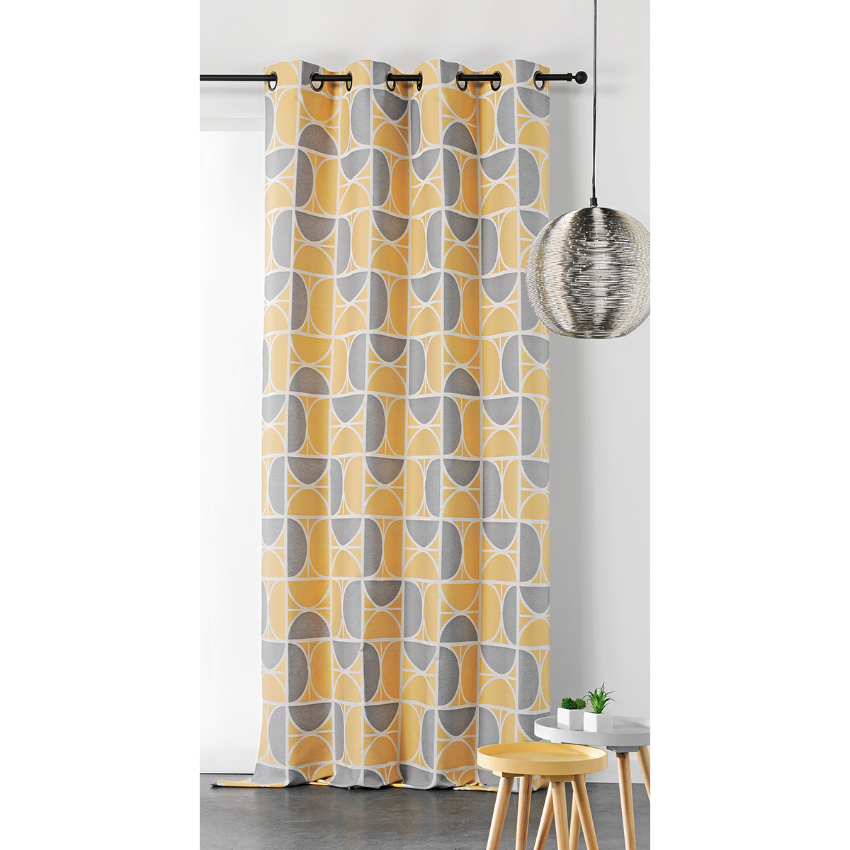 Rideau upcyclé aux impressions seventies polyester jaune 250x145 Rideau upcyclé aux impressions seventies polyester jaune 250x145