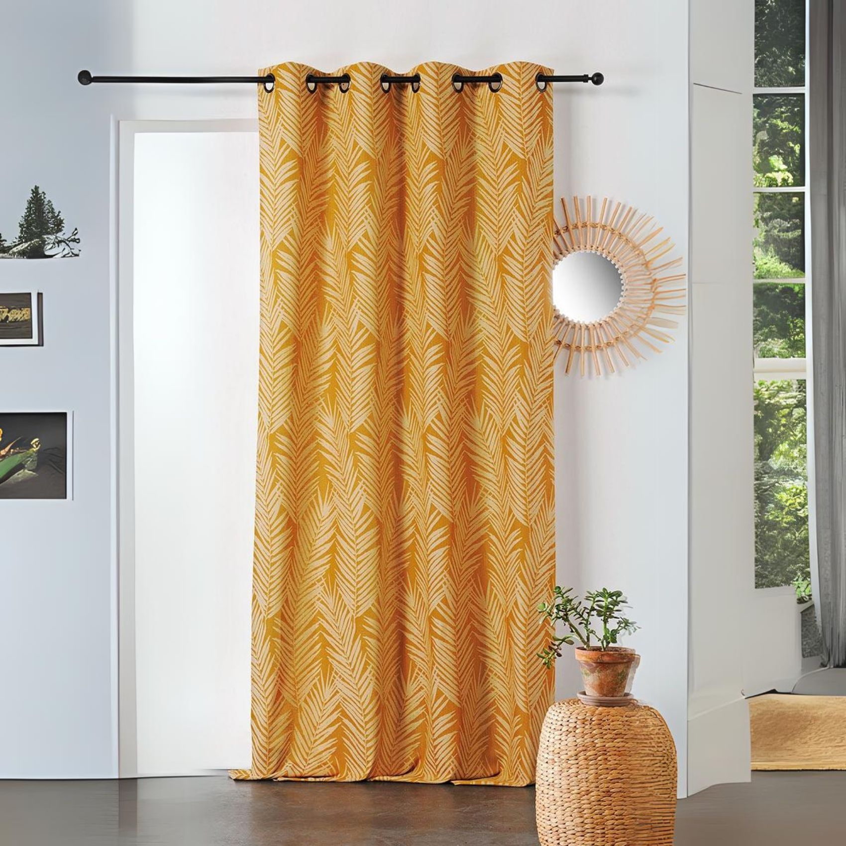 Rideau imprimé feuille de palmier coton jaune 240x140 Rideau imprimé feuille de palmier coton jaune 240x140