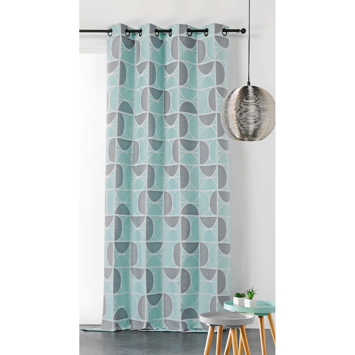 Rideau upcyclé aux impressions seventies polyester bleu 250x145 Rideau upcyclé aux impressions seventies polyester bleu 250x145