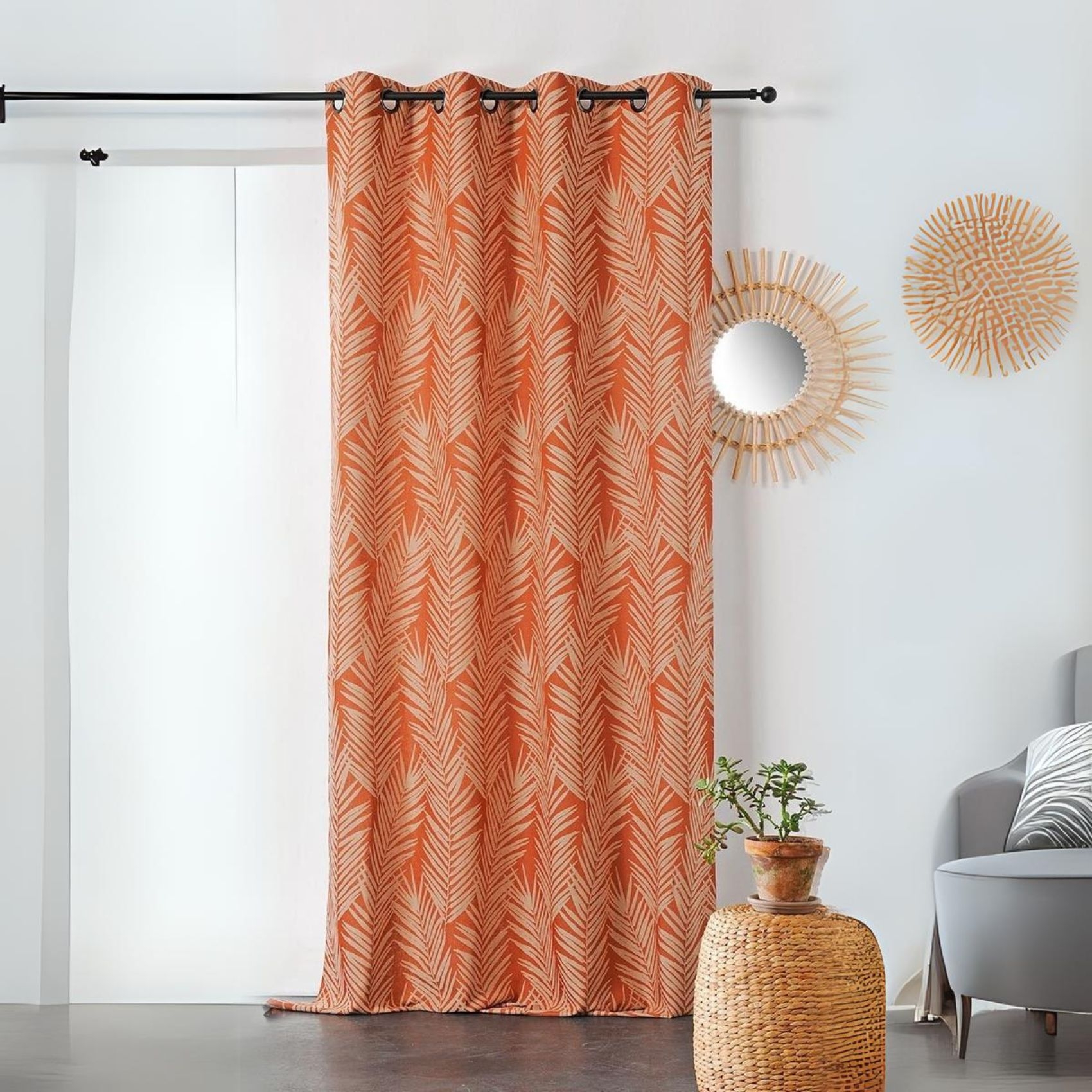 Rideau imprimé feuille de palmier coton orange 240x140 Rideau imprimé feuille de palmier coton orange 240x140